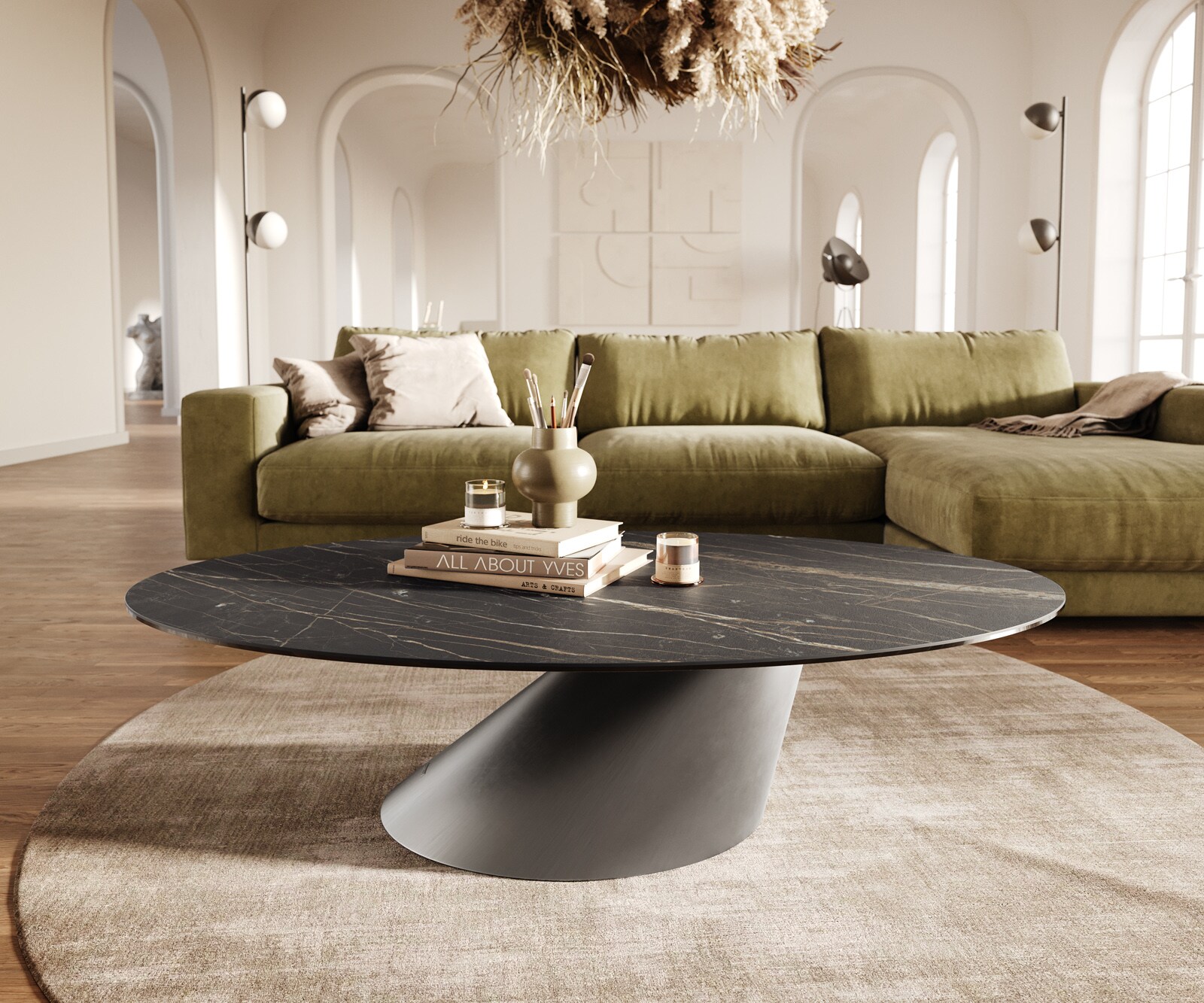 Table basse Edge Oval 140x80 cm céramique Laminam® Noir Desir brun Conis acier inoxydable brossé 1