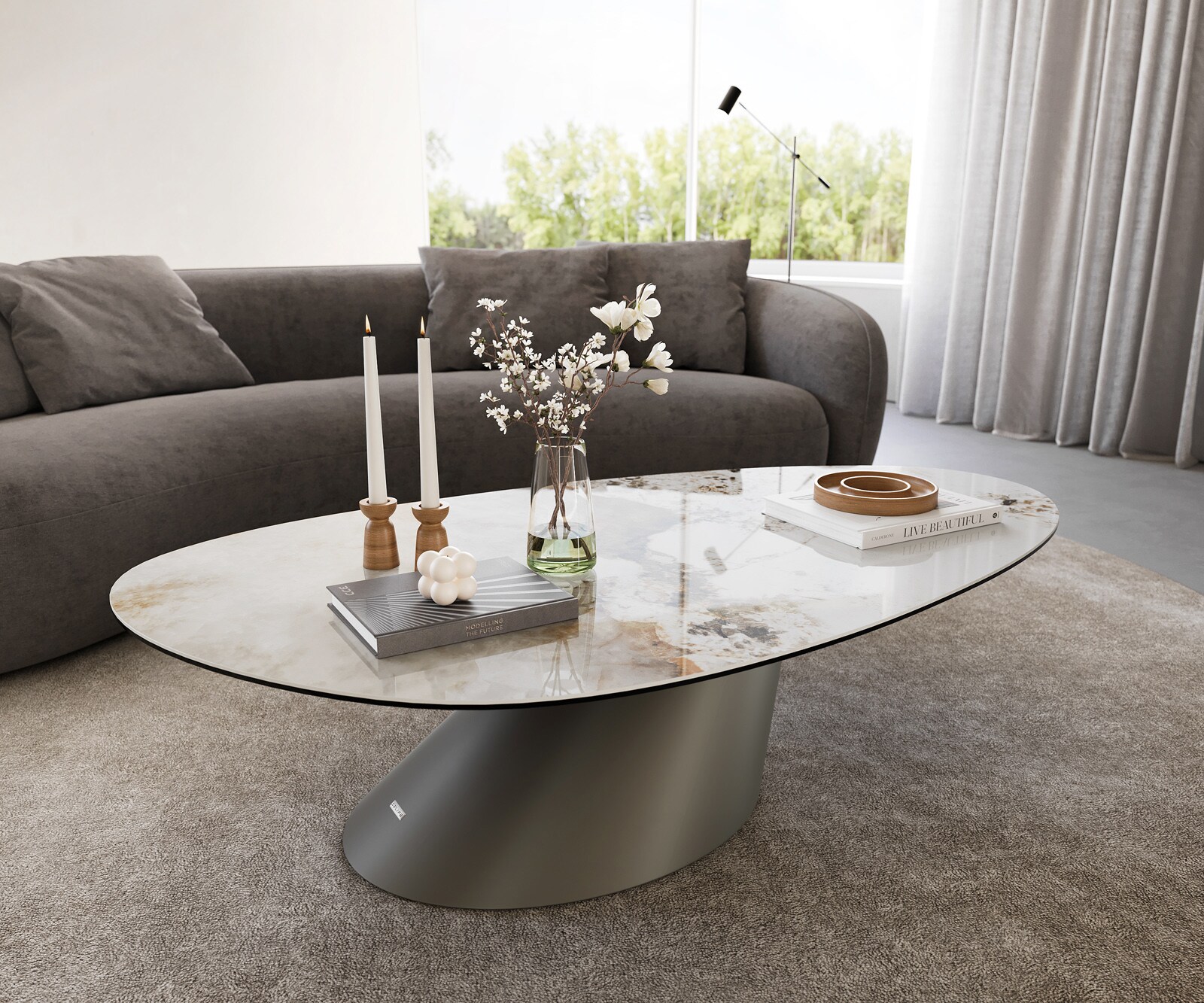 Table basse Edge Oval 140x75 cm céramique Minas Melange Conis Metall finition effet titane 1