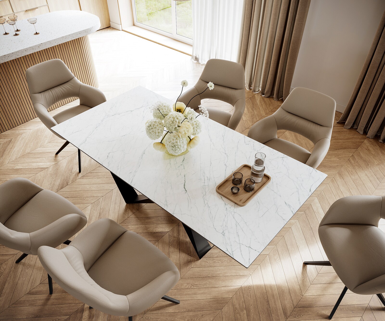 Table-à-manger Edge 200x100cm Laminam® céramique blanc pieds milieu acier plat noir 3