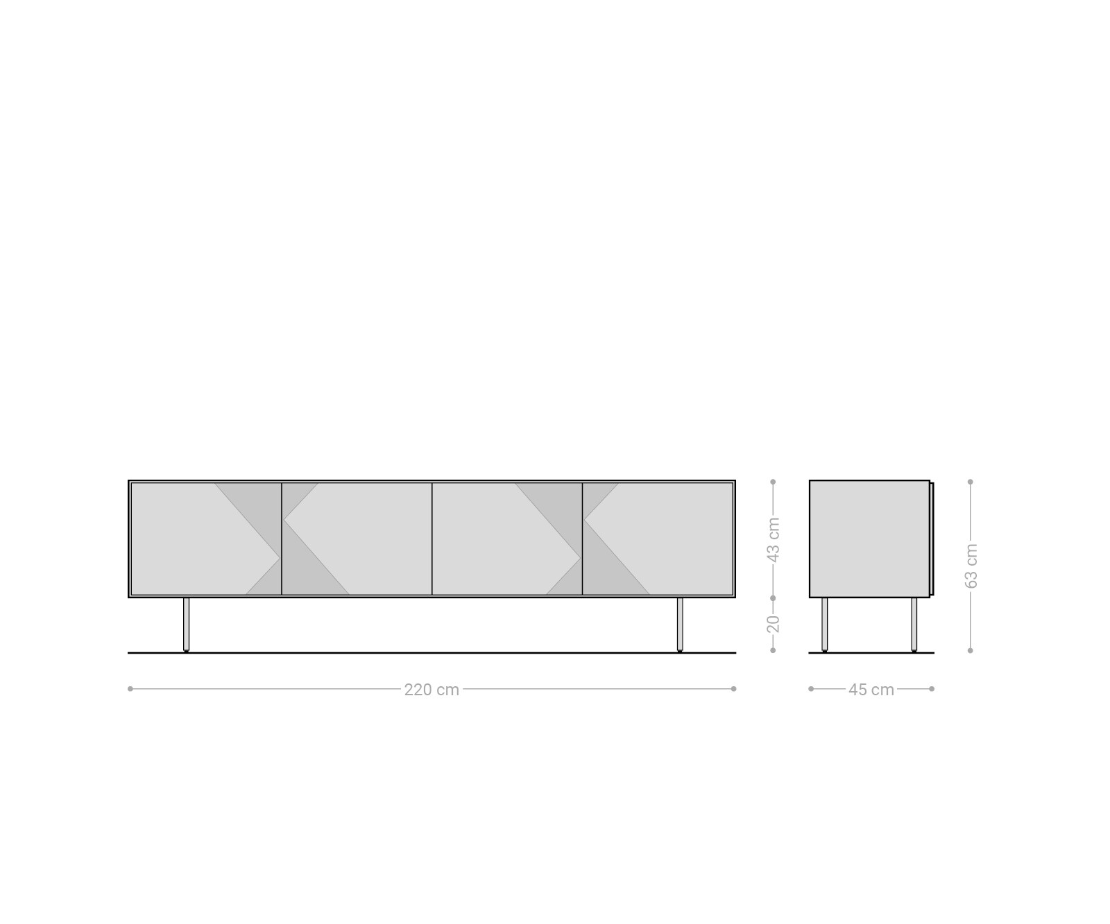 Meuble-TV Tereos 220 cm Frêne brun foncé Effet 3D 4 portes Pieds ronds Métal Noir 6
