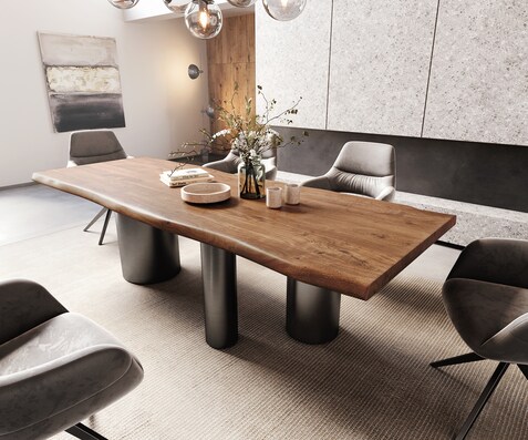 Table à manger Edge 260x100 XL Acacia Marron Troa Acier inoxydable Graphite Live-Edge