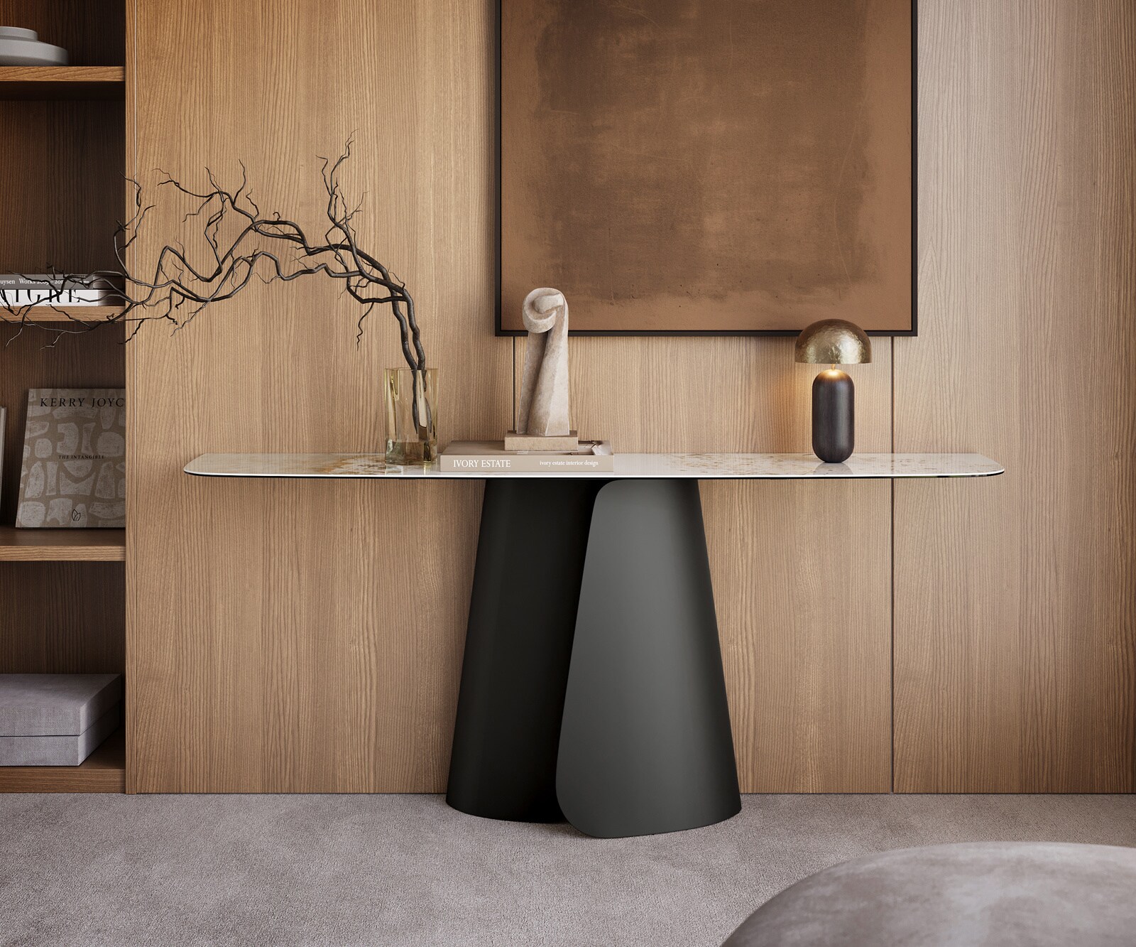 Console Edge forme bateau 180x40 cm Céramique Minas Melange Weiß-Beige Livos Métal Noir 3