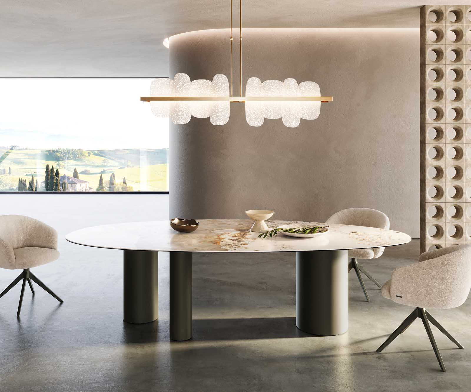 Table à manger Edge Oval 280x130 Céramique Minas Melange Blanc-Beige Troa Métal Effet Titane 1