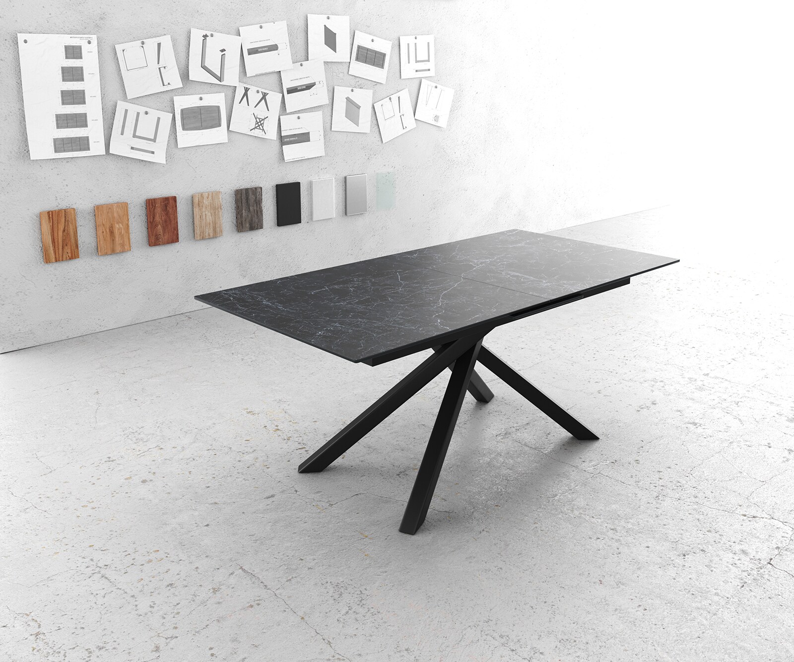 Table-à-manger Edge 180-220x100cm Laminam® céramique gris pieds milieu croisé noir 1