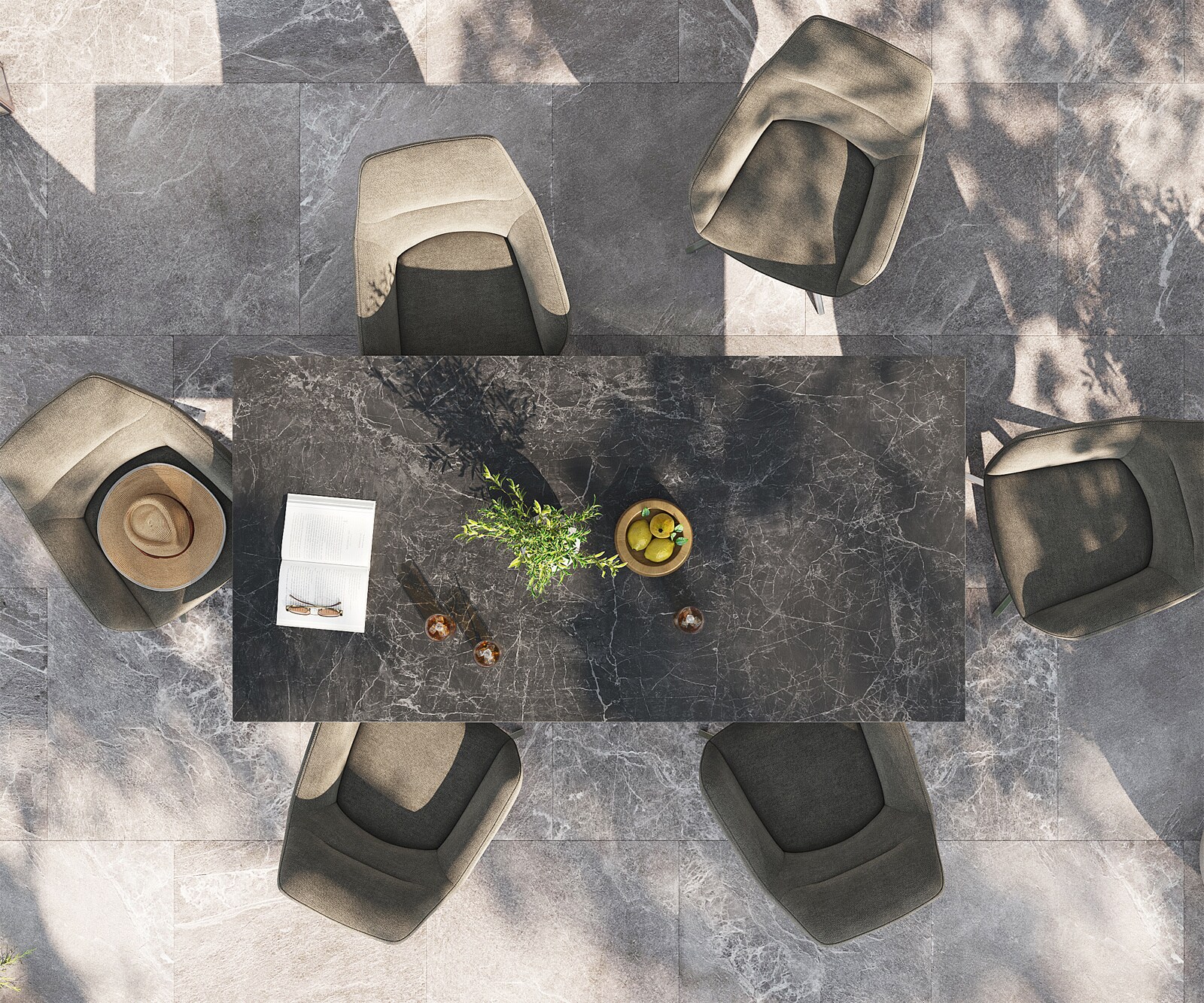 Table d’extérieur Edge 200x100 cm céramique Laminam® Nero Greco anthracite piètement croisé rectangulaire en acier inoxydable 3