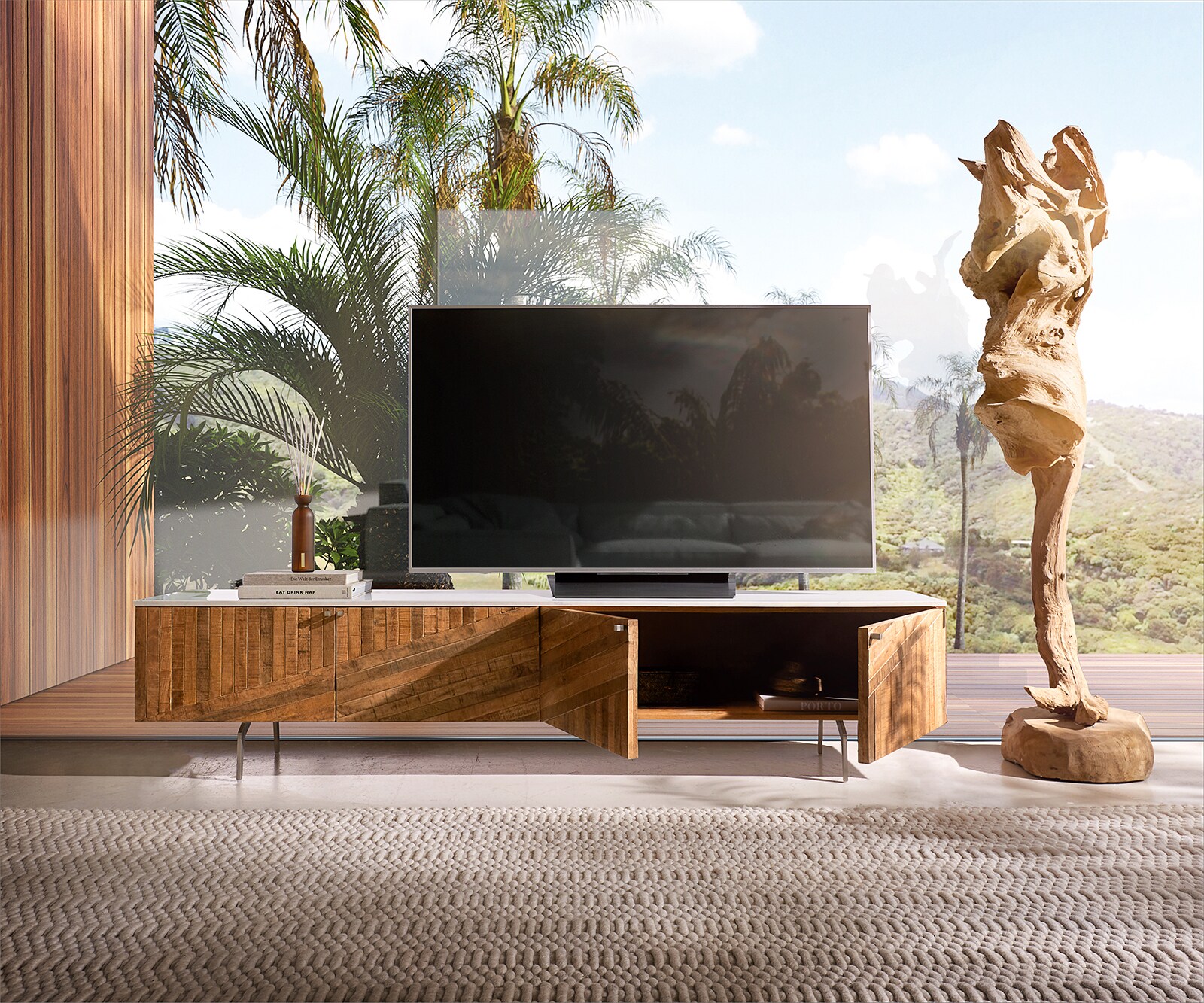 Meuble-Tv Bahan 200 cm mangue teck 4 portes plateau marbre blanc pied d'angle en acier inoxydable 4