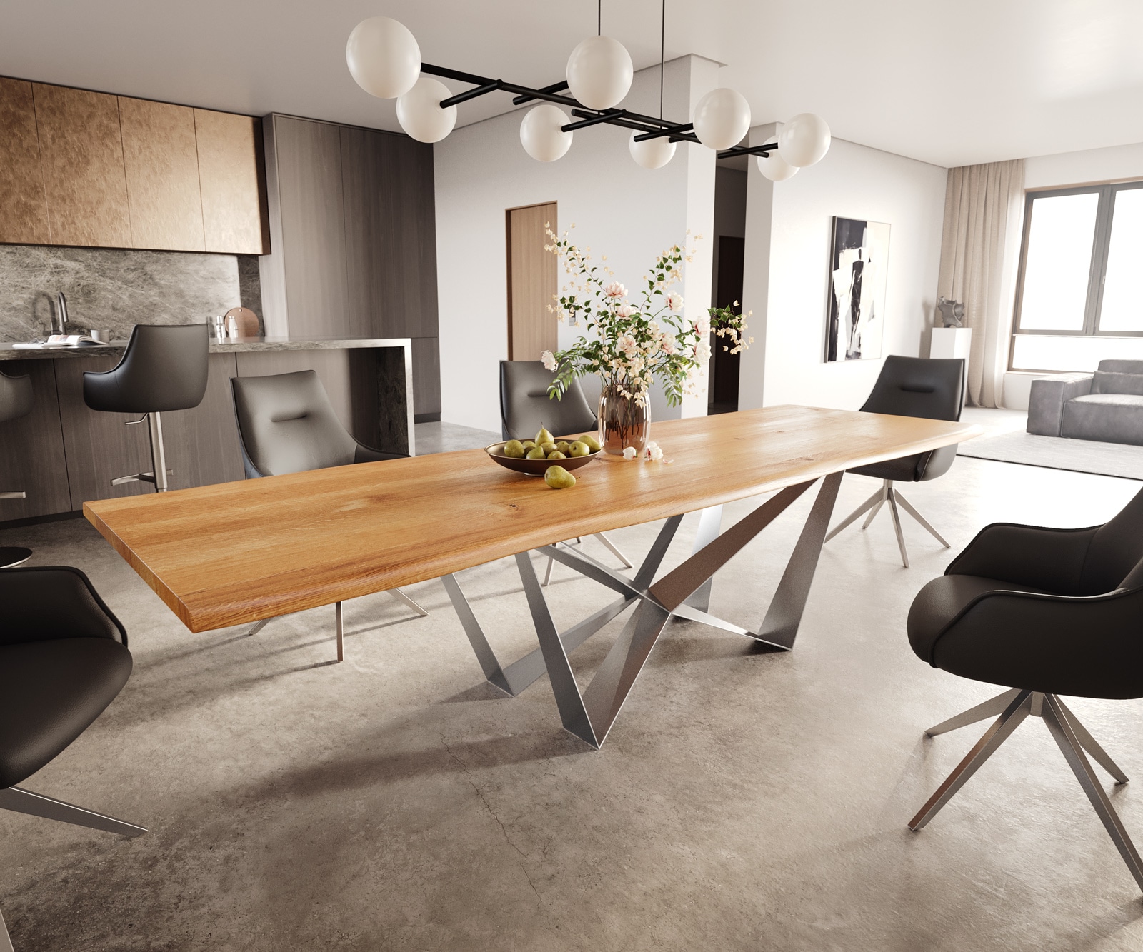 Table à manger Edge 300x100x4 chêne naturee Spider acier plat acier inoxydable Live-Edge 1