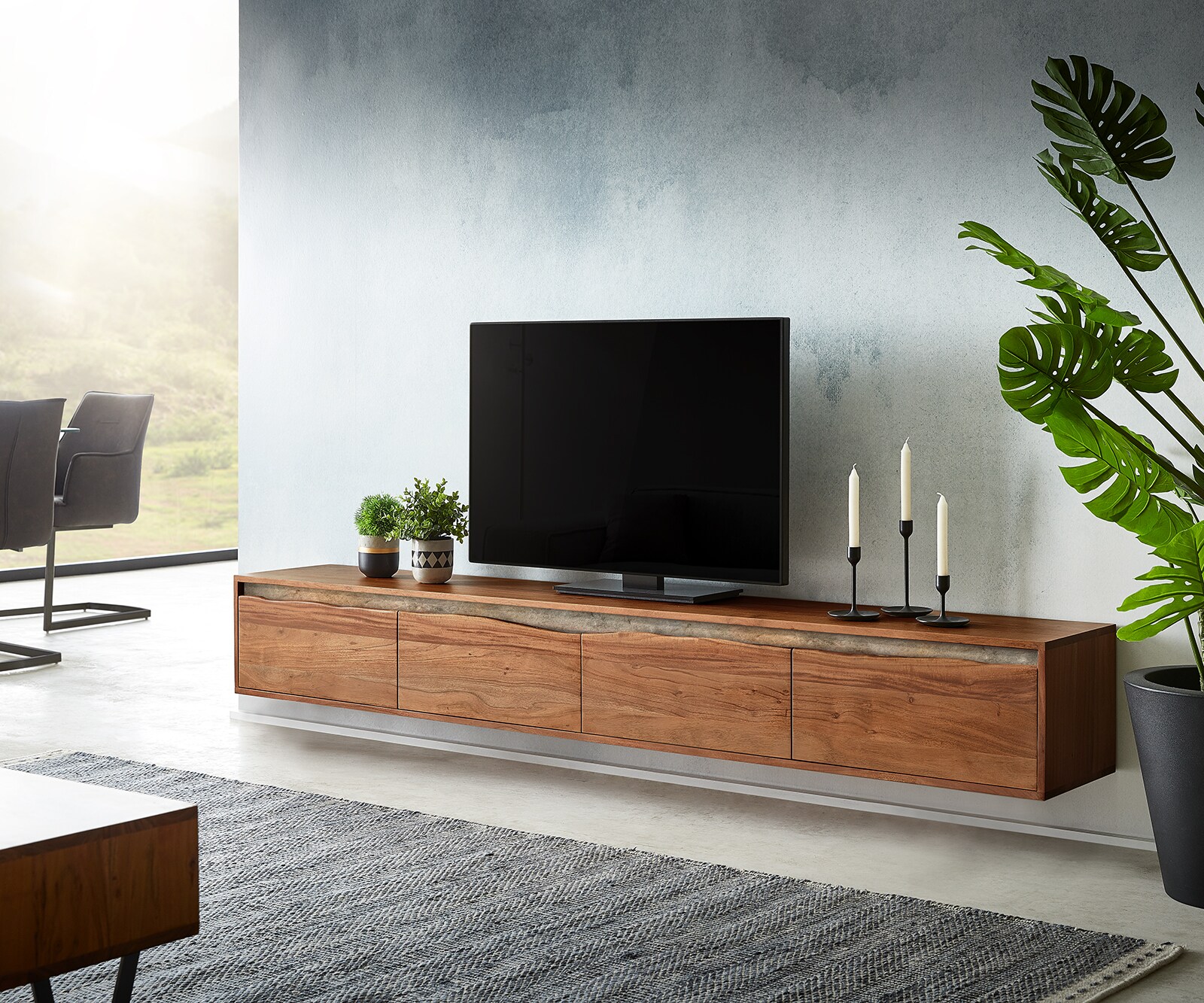 Meuble-TV Stonegrace acacia massif bord d'arbre 3