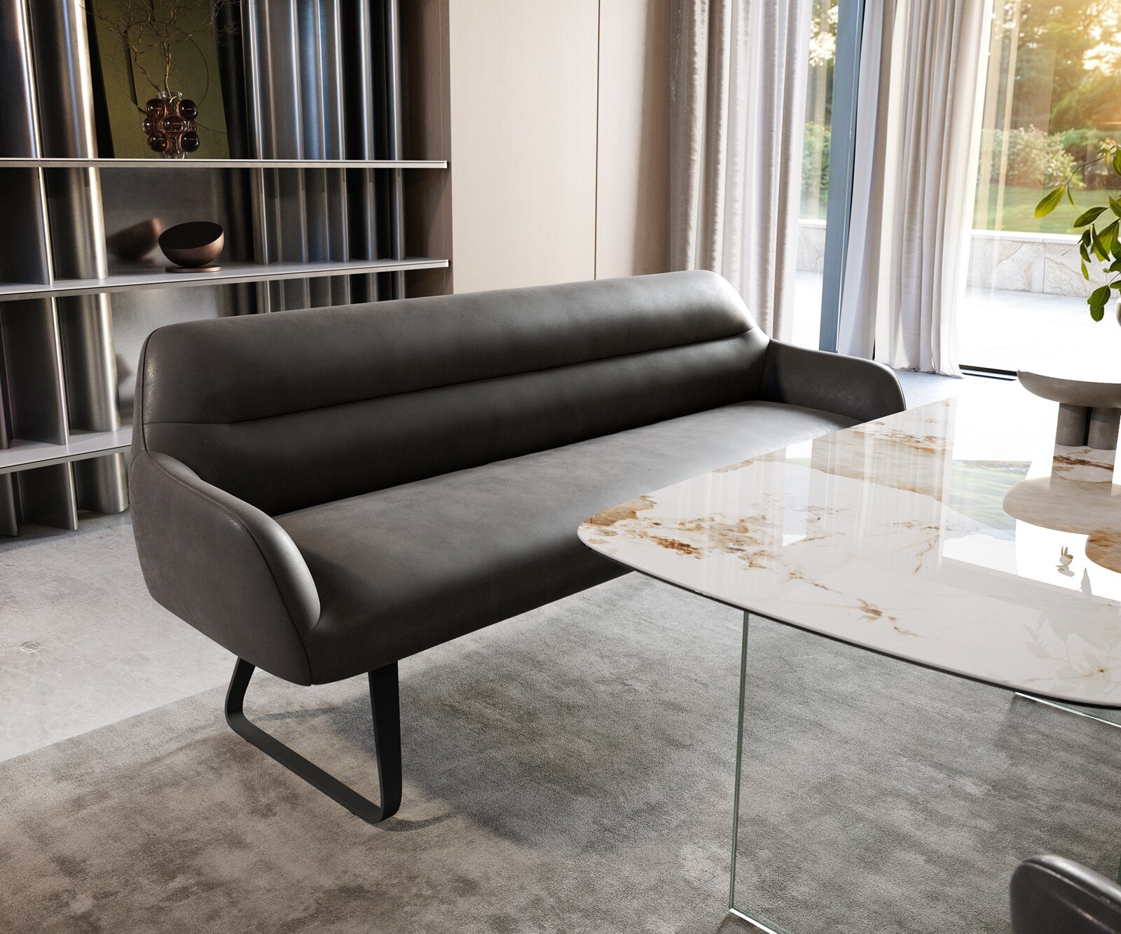 Banc-de-salle-à-manger Taya-Flex 200 cm microfibre antracite vintage châssis à patins plat noir ressort ensaché