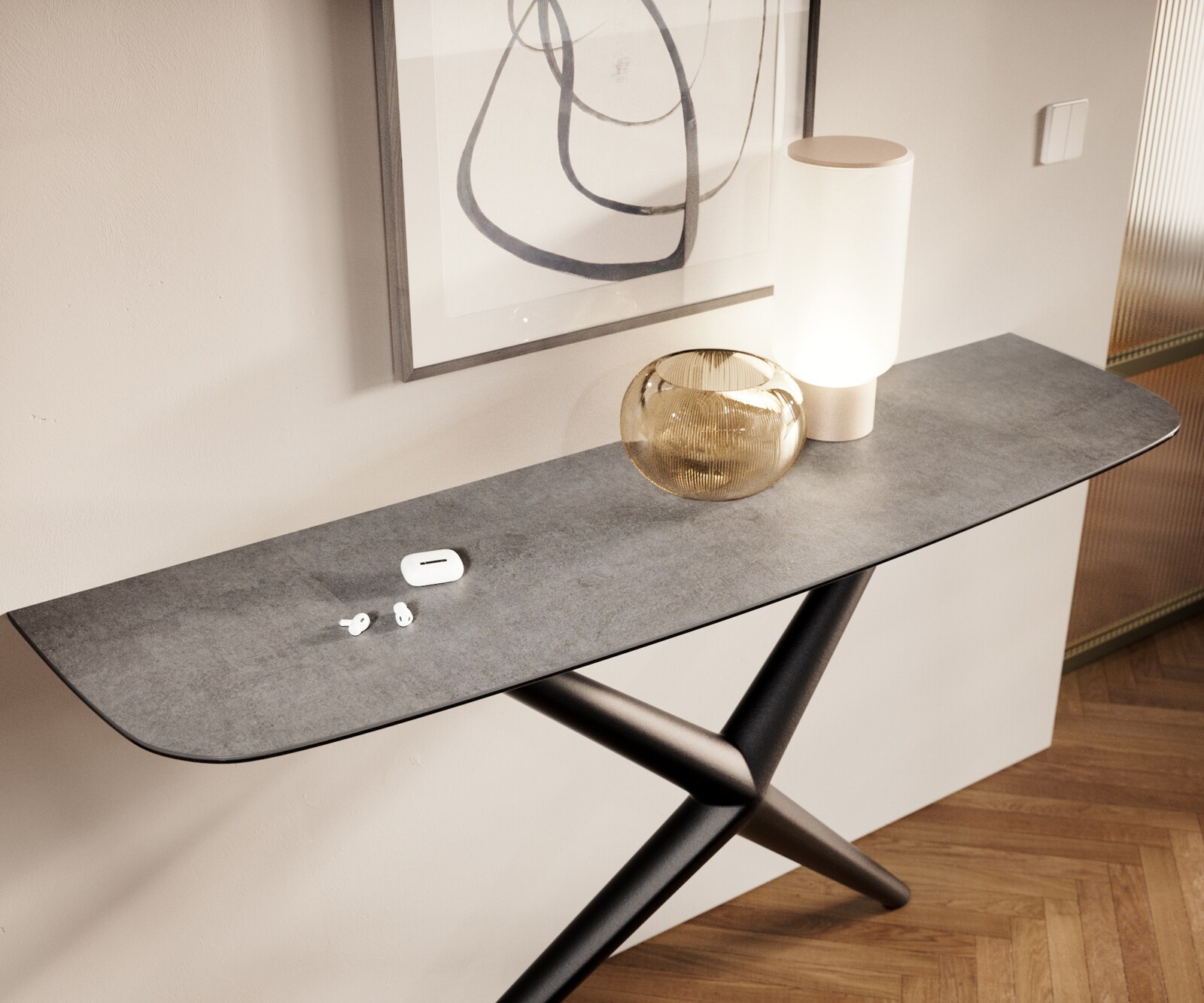 Console Edge forme bateau 140x40 cm Céramique Gris béton Estelo Métal Noir 6
