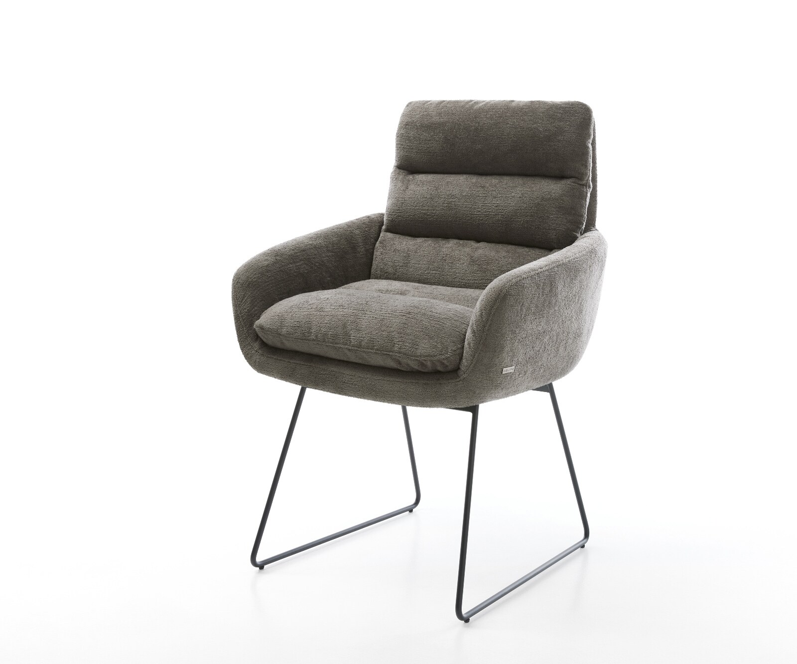 Chaise-de-salle-à-manger Abelia-Flex avec accoudoirs bouclé doux couleur boue pied trapèze noir 1