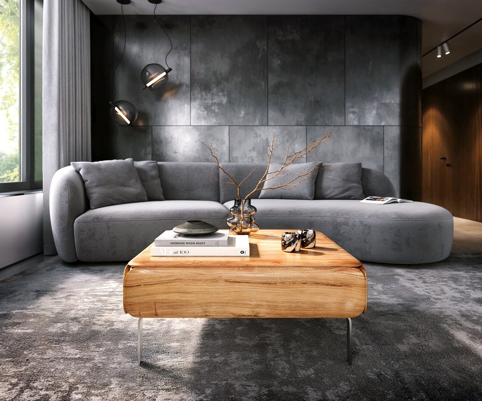 Table-basse Shavani 90x90 cm Acacia naturel 2 portes Pied en L Acier inoxydable argenté 1