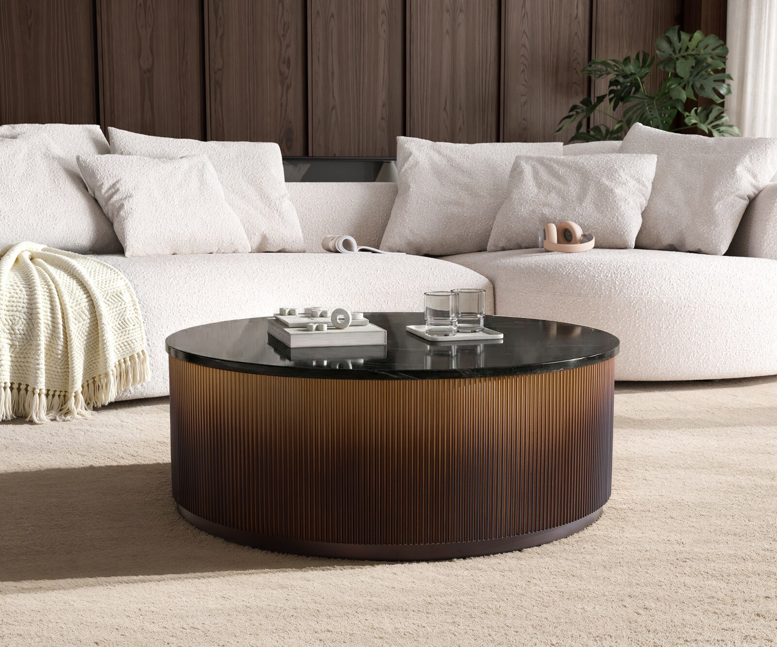 Table basse Fiorano 90 x 90 cm marbre noir métal argenté et doré effet ombré 4