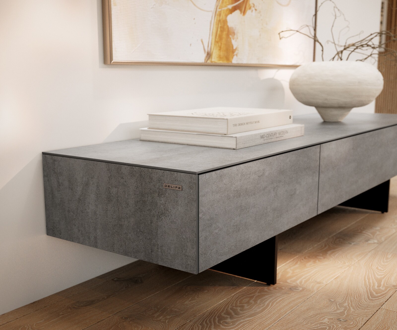 Meuble-TV Cuor 150 cm Céramique Béton gris 1 Clapet 1 Tiroir Pied optique flottant Métal Noir 6