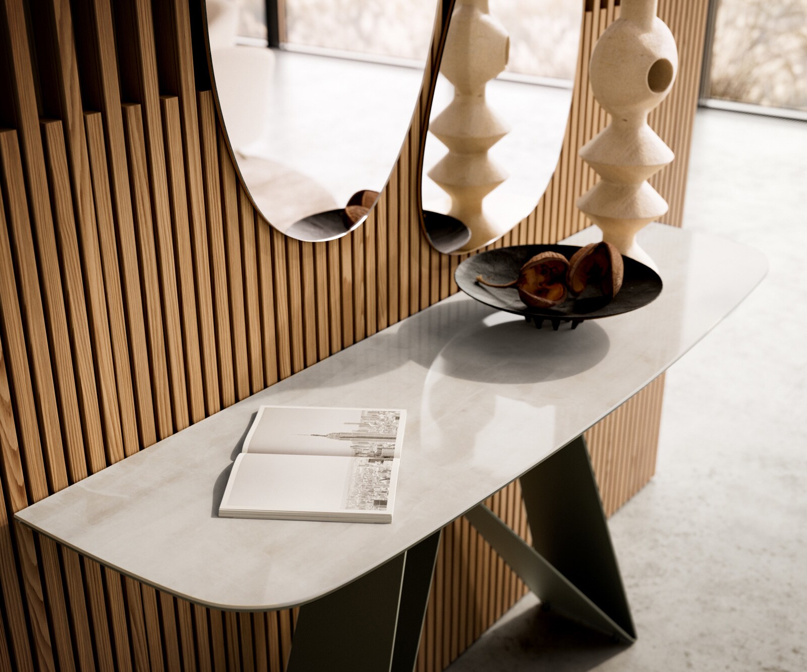 Console Edge forme bateau 140x40 cm Céramique Onyx Champagne Velio Métal Effektfinish Titan 6