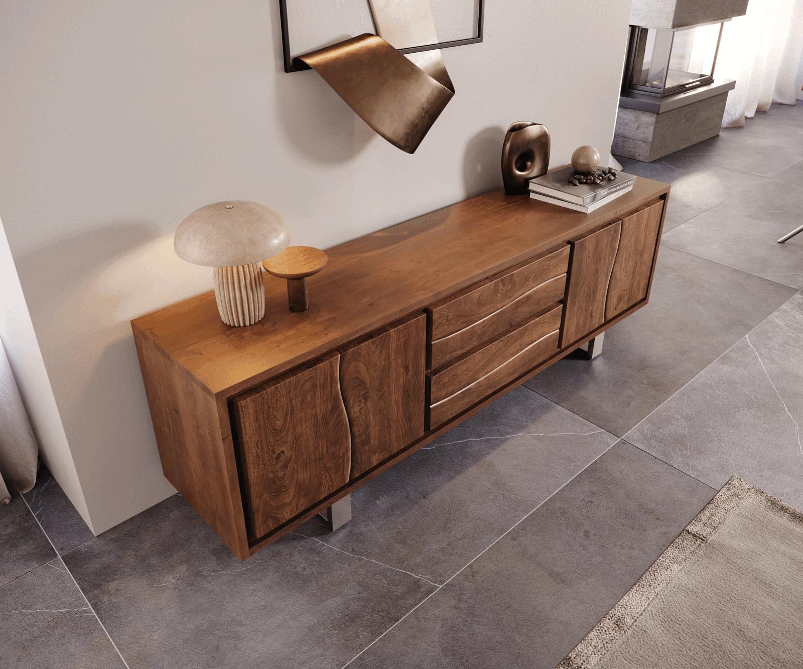 Meuble-TV Live-Edge 200 cm acacia marron 4 portes 2 tiroirs 3