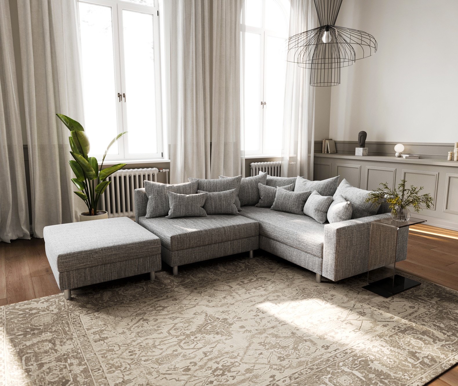 Canapé d'angle Clovis tissu structuré gris clair tabouret accoudoir pouf à droite canapé modulaire 1