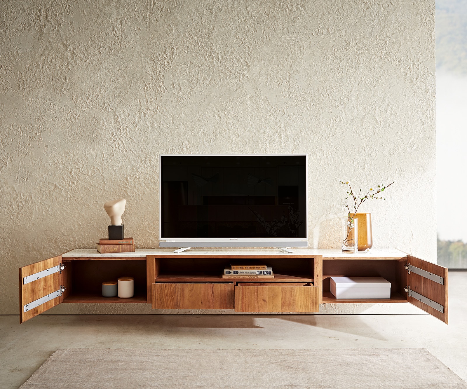 Meuble-TV Secara 220 cm acacia naturel 2 portes 2 tiroirs marbre flottant 4 Meuble-TV Secara 220 cm acacia naturel 2 portes 2 tiroirs marbre flottant 4