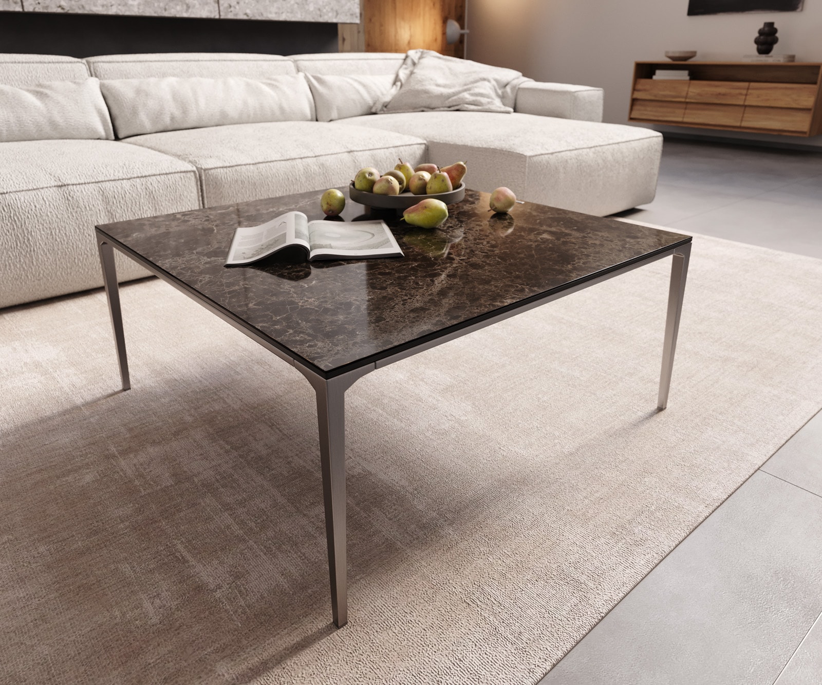 Table-basse Levente 85x85 cm Céramique Laminam®Emperador Extra Lucidato Marron foncé Piétement inox Argent Table-basse Levente 85x85 cm Céramique Laminam®Emperador Extra Lucidato Marron foncé Piétement inox Argent