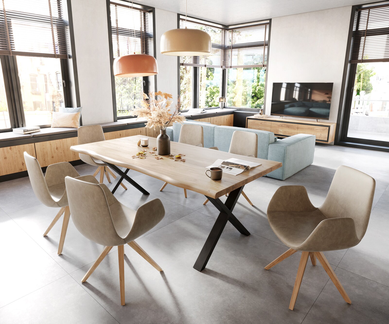 Chaise-de-salle-à-manger Ilia-Flex avec accoudoirs microvelours beige vintage pied en bois anguleux naturel 3 Chaise-de-salle-à-manger Ilia-Flex avec accoudoirs microvelours beige vintage pied en bois anguleux naturel 3