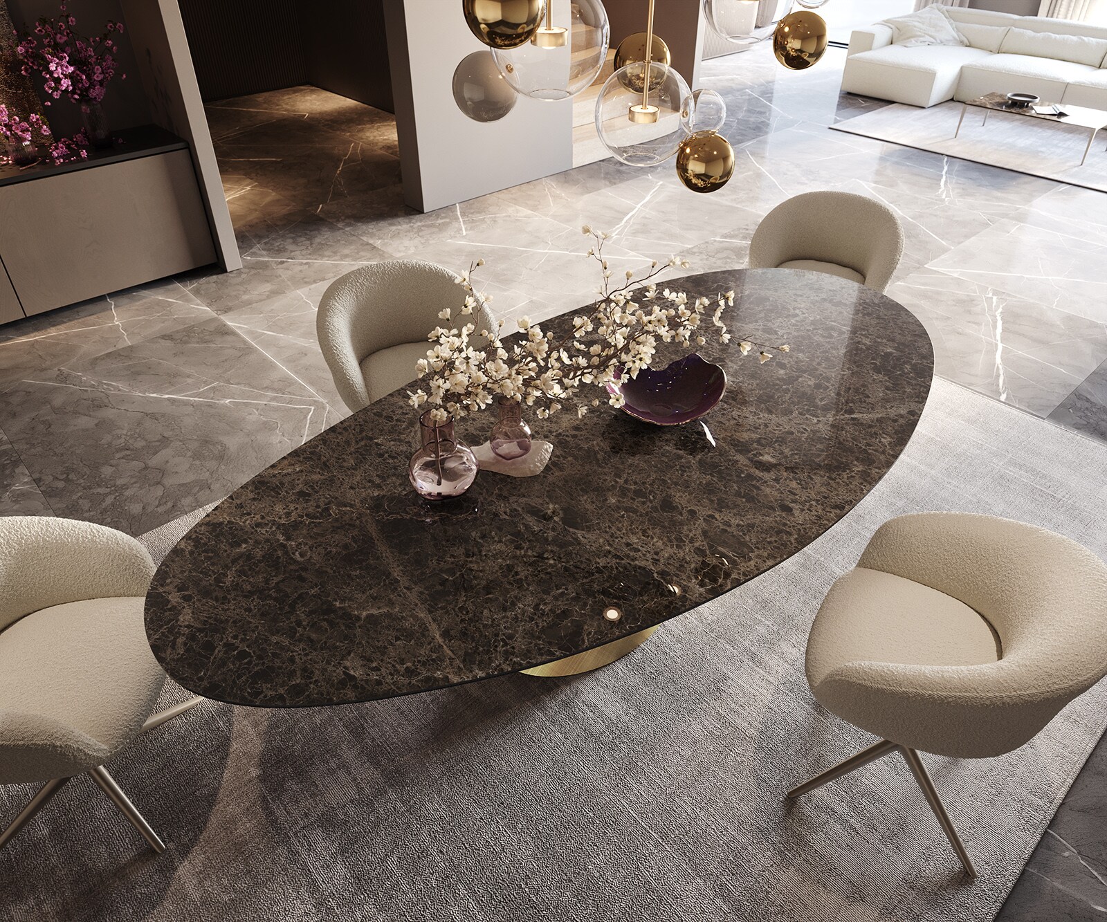 Table de salle à manger Edge Ovale Céramique Emperador Extra Lucidato Brun foncé 280x130 Cono Métallique Or 4