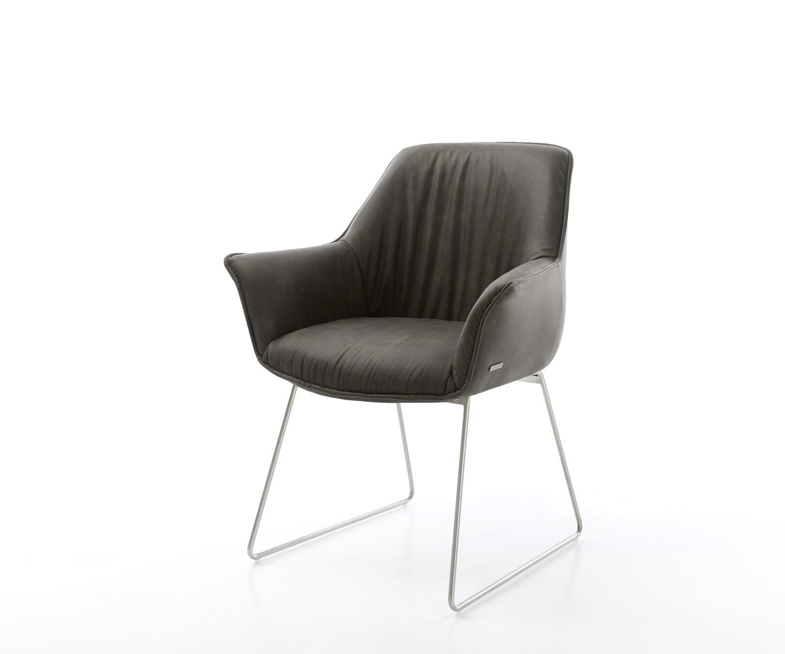 Chaise-de-salle-à-manger Keila-Flex avec accoudoirs microvelours anthracite vintage pied trapèze acier inoxydable brossé