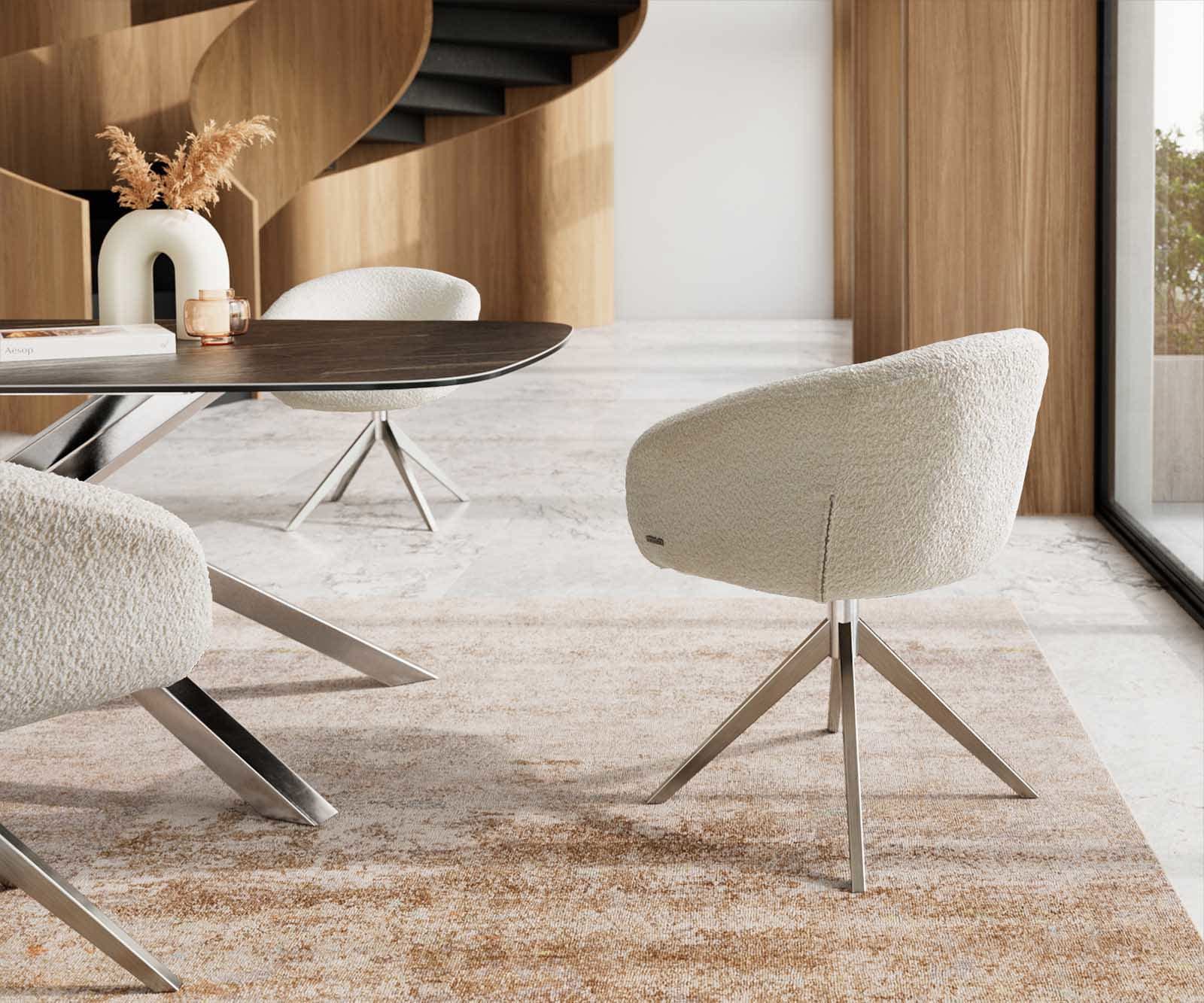 Chaise-pivotante Vinka-Flex avec accoudoirs bouclé blanc pied croisé large acier inoxydable brossé pivotement sur 360° ressorts ensachés 4 Chaise-pivotante Vinka-Flex avec accoudoirs bouclé blanc pied croisé large acier inoxydable brossé pivotement sur 360° ressorts ensachés 4