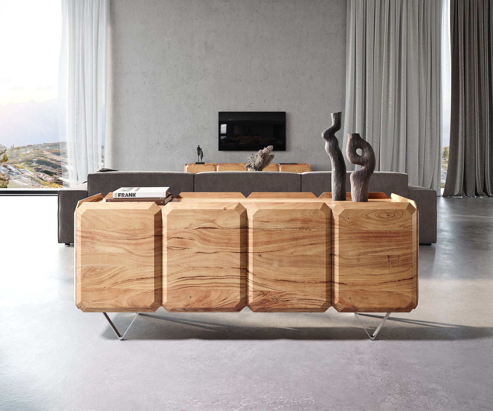 Buffet Kiano 175 cm Acacia Nature 4 Portes Pied en V Acier inoxydable Séparateur de pièce 1