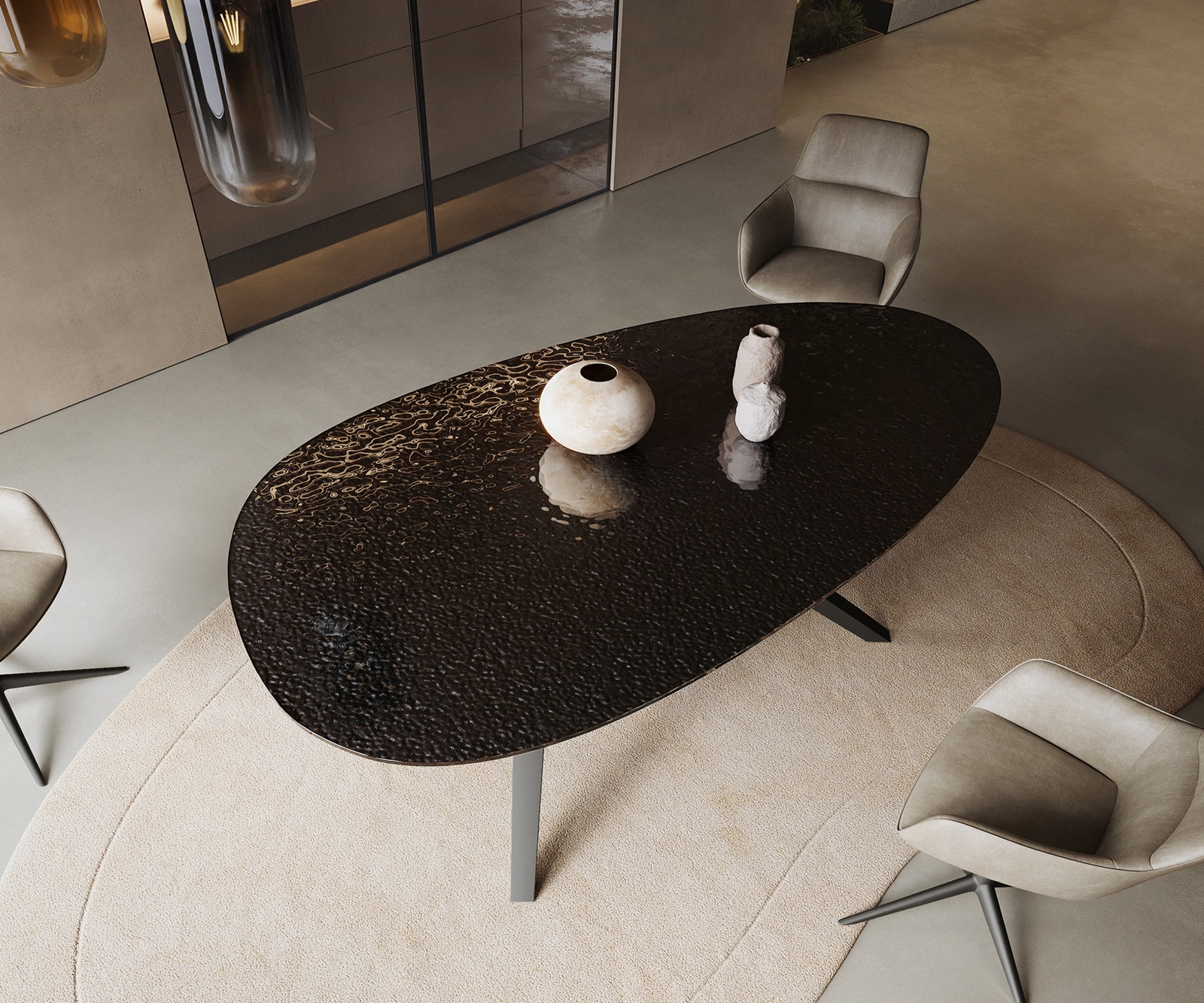 Table à manger Edge Ovale 220x120 Reliefglas RauchNoir 3D-Design Zenthara anguleux Métal Noir 4
