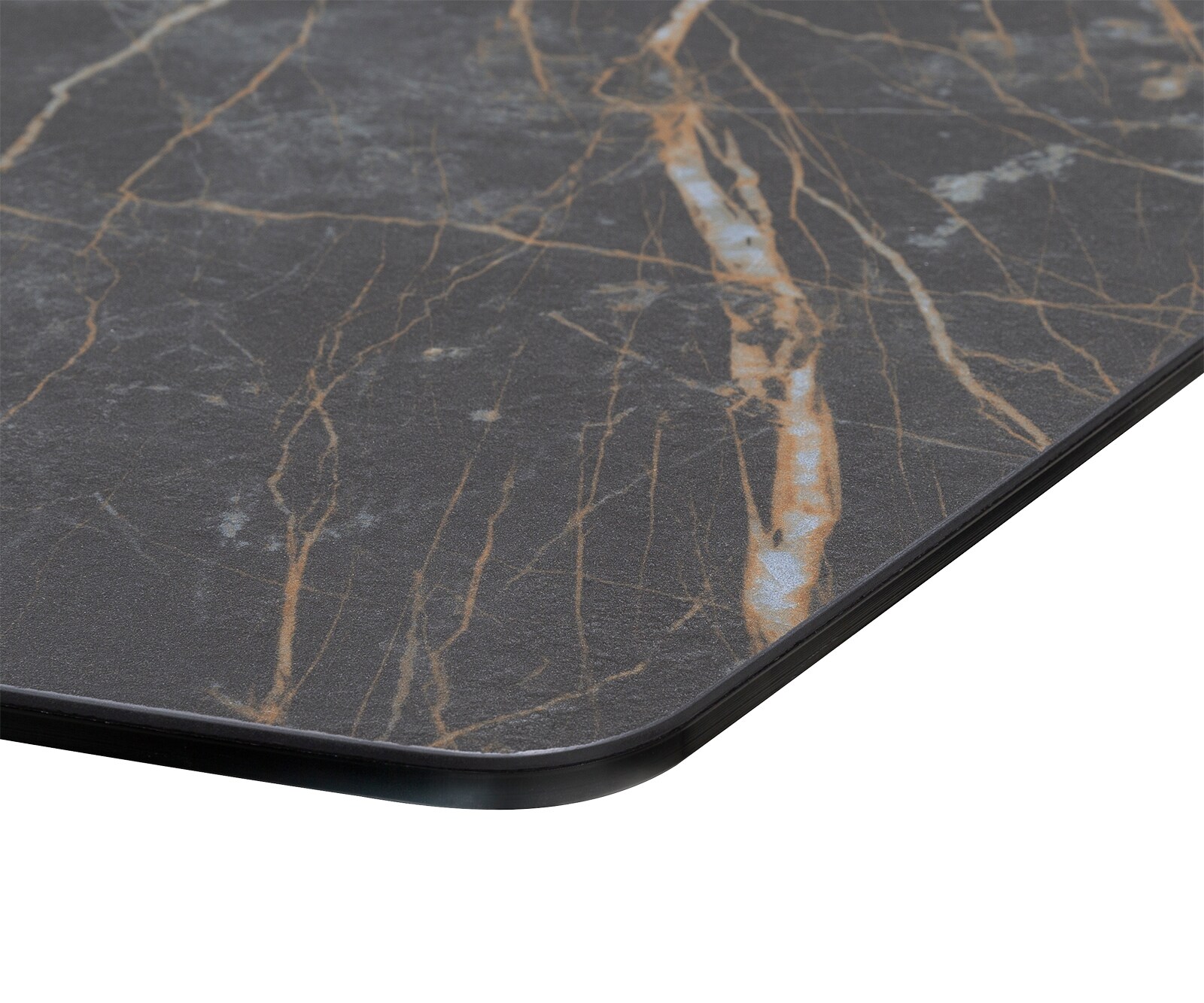 Table-à-manger Edge forme Boot 200x100cm Laminam® céramique marron pieds milieu croisé argent 4