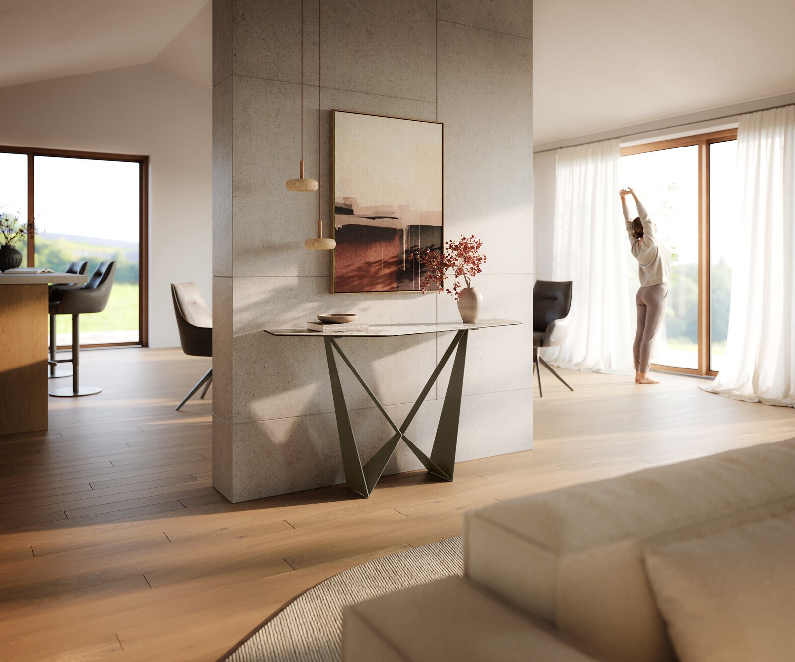 Console Edge Polygonal 140x50 cm Céramique Minas Melange Weiß-Beige Spios Métal Effektfinish Titan 7