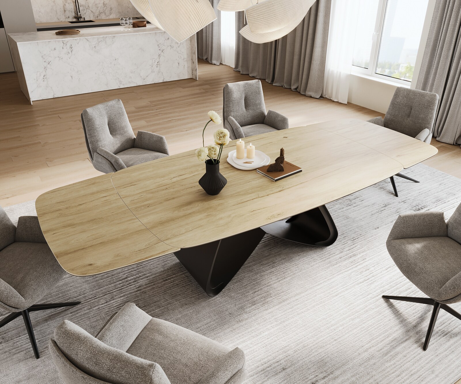 Table à manger Edge Boot 200-300x120 cm Céramique Laminam® Sabbia Eichefarbig piètement en W Noir extensible 4