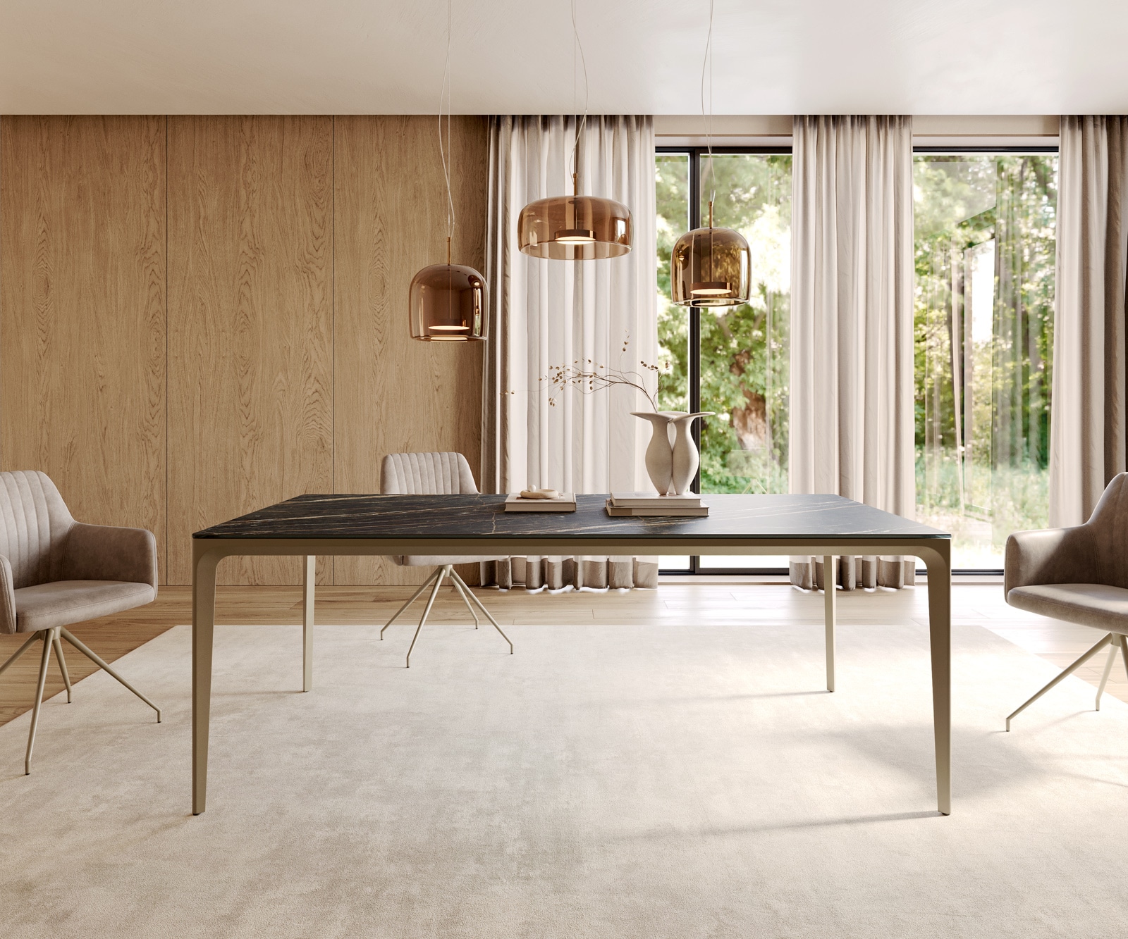 Table-à-manger Escina 200x100 cm Céramique Laminam®Noir Desir Marron Piétement Aluminium Table-à-manger Escina 200x100 cm Céramique Laminam®Noir Desir Marron Piétement Aluminium