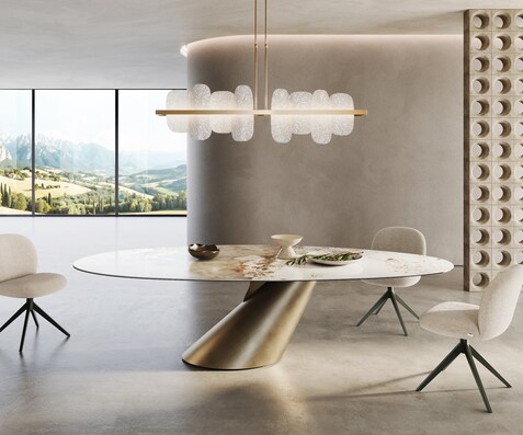 Table à manger Edge ovalee 280x130 céramique Minas mélange blanc-beige Cono métallique doré