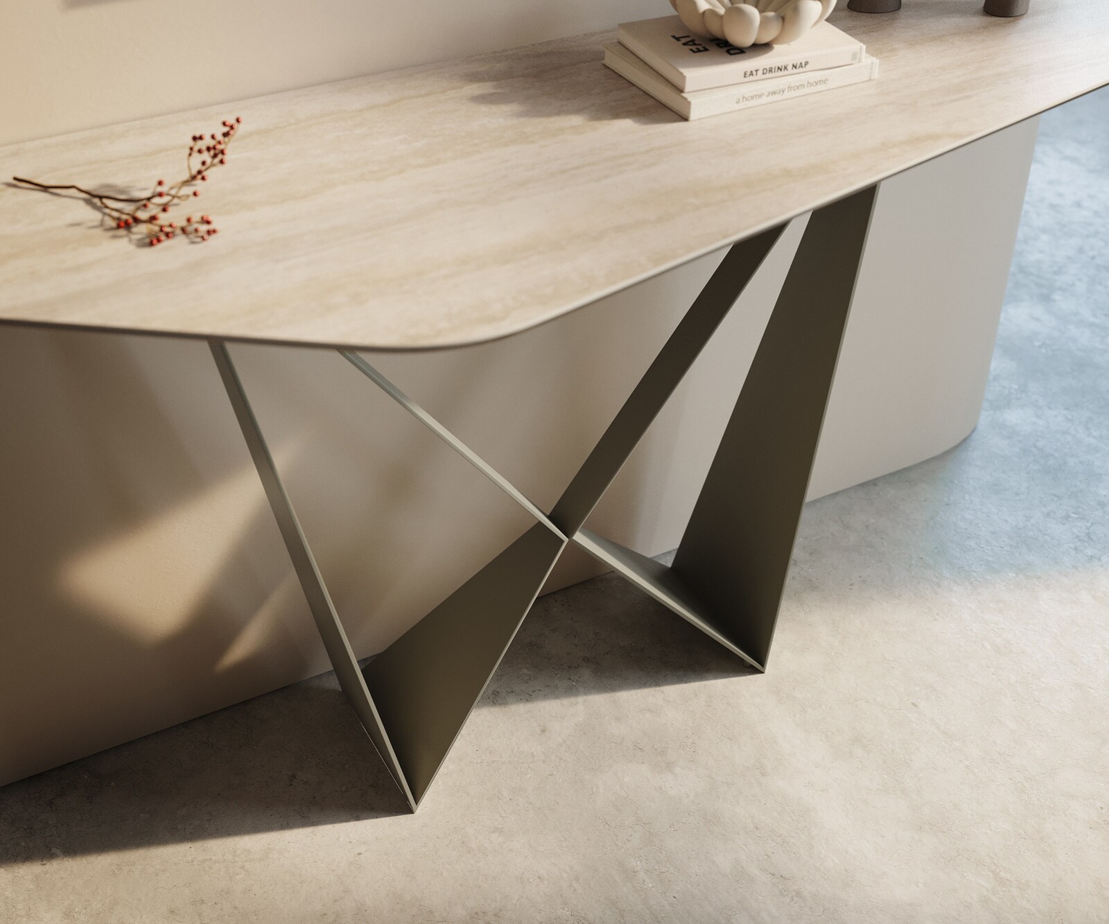 Console Edge Polygonal 140x50 cm Céramique Laminam® Travertino Bianco Creme-Weiß Spios Métal Effektfinish Titan 6