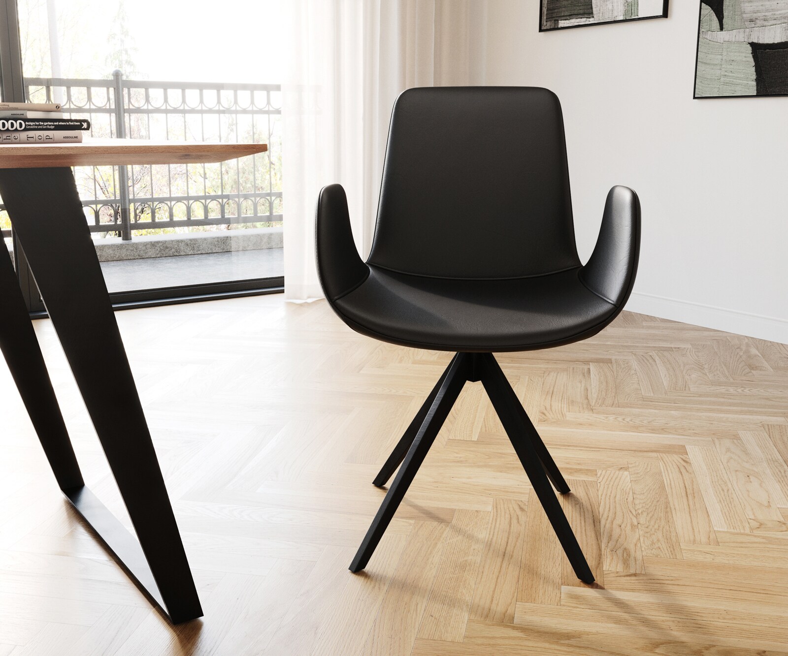 Chaise-de-salle-à-manger Ilia-Flex avec accoudoirs cuir de vache noir pied croisé angulaire noir 1