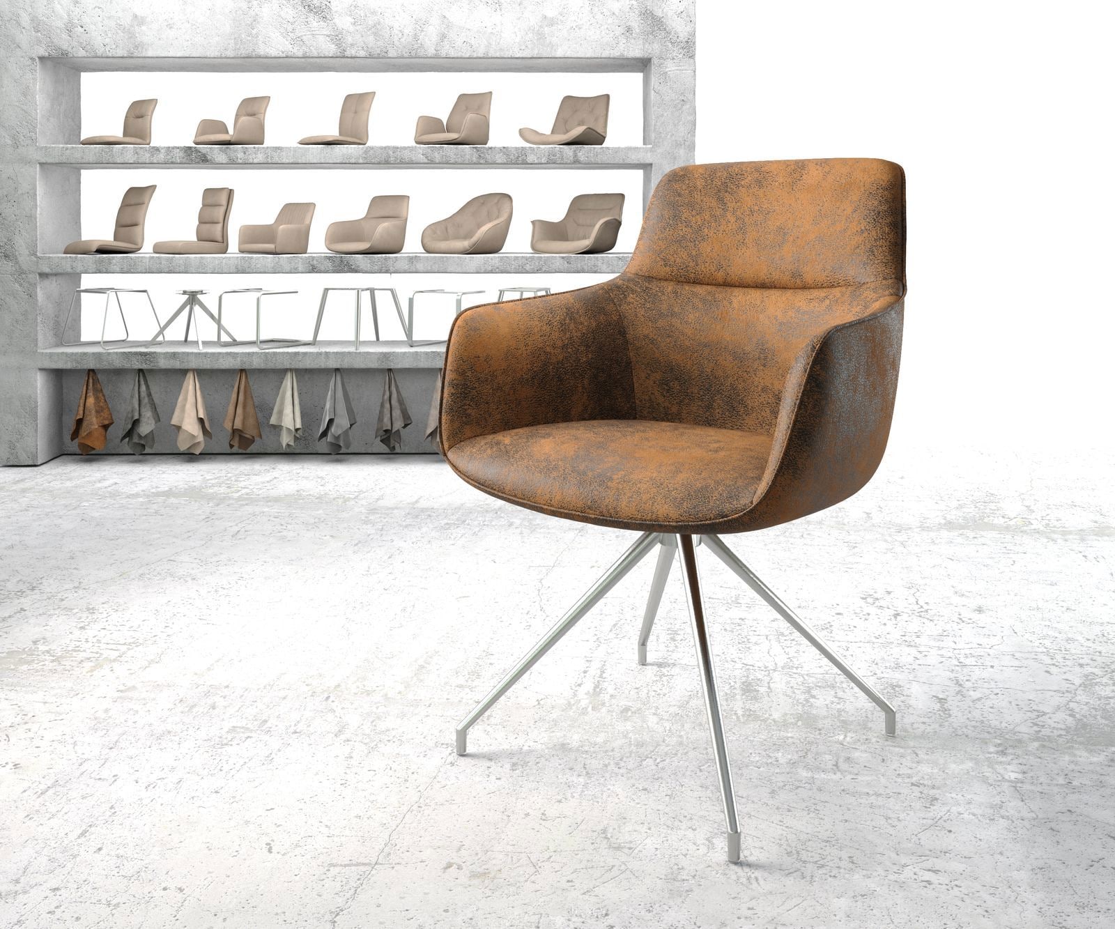 Chaise-pivotante Pejo-Flex brun antique cadre croisé conique acier inoxydable pivote sur 180° Chaise-pivotante Pejo-Flex brun antique cadre croisé conique acier inoxydable pivote sur 180°