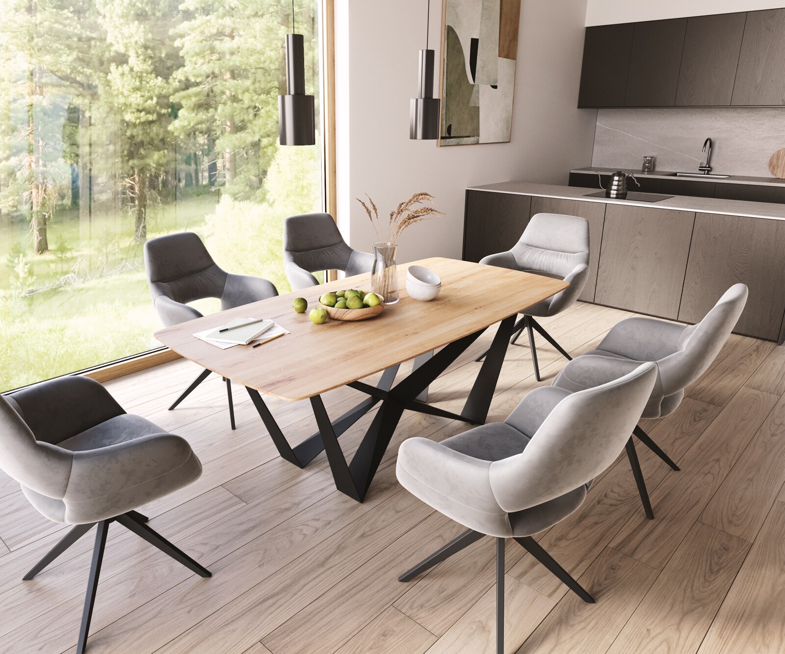 Table à manger Edge Boot 200x100x2,5-3 chêne nature Spider acier plat noir bord suisse 5