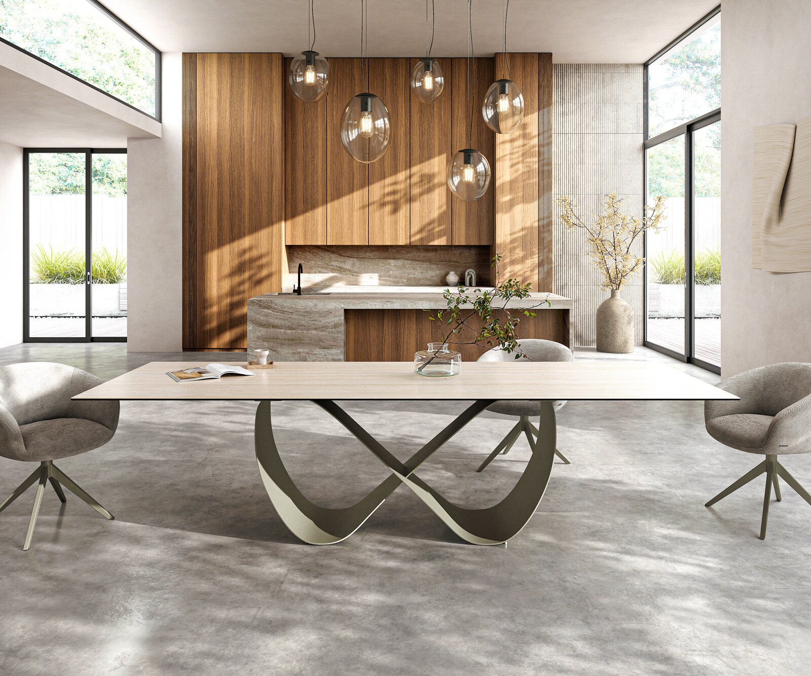 Table à manger Edge 300x100 céramique Laminam® Travertino Bianco crème-blanc Infinity métal effet finition titanee 1