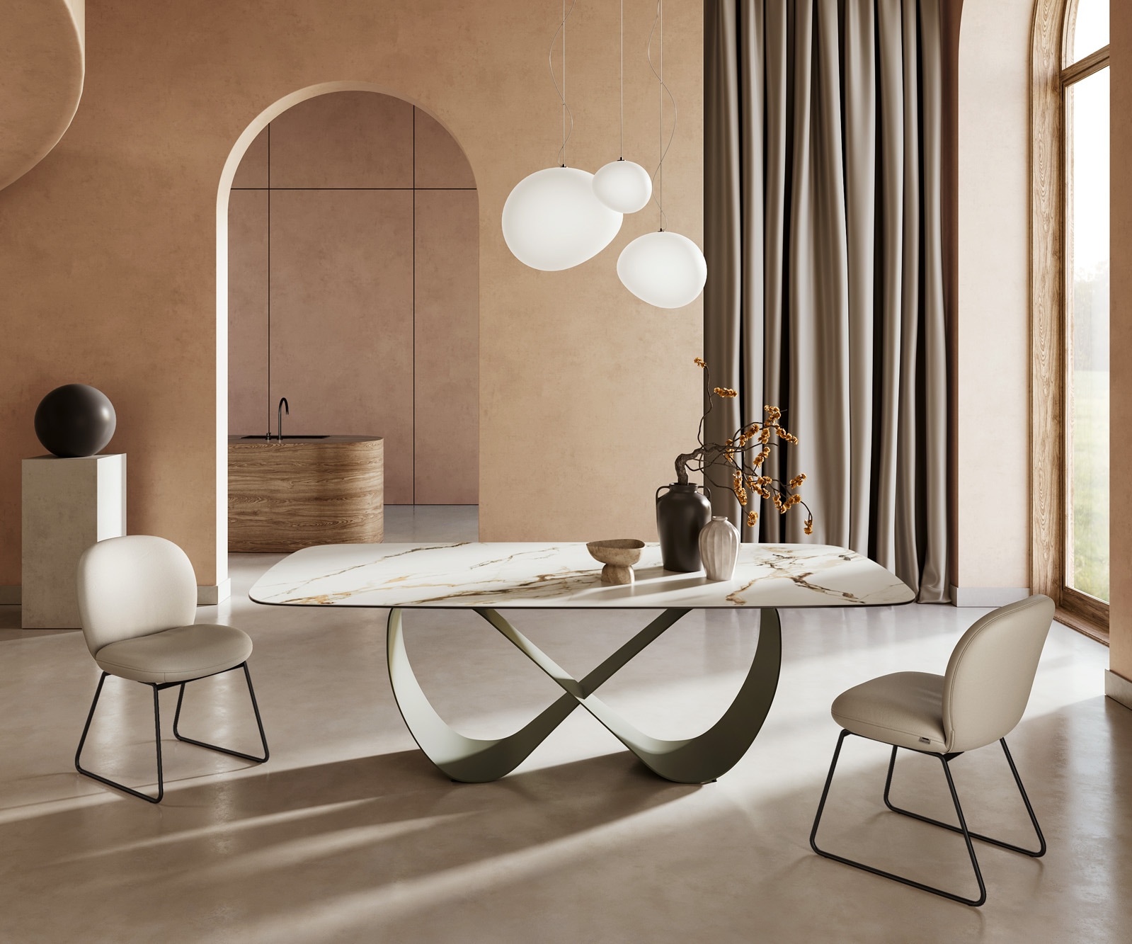 Table à manger Edge Boot 240x120cm céramique Calacatta Luxe blanc-doré-gris Infinity métal effet titane Table à manger Edge Boot 240x120cm céramique Calacatta Luxe blanc-doré-gris Infinity métal effet titane