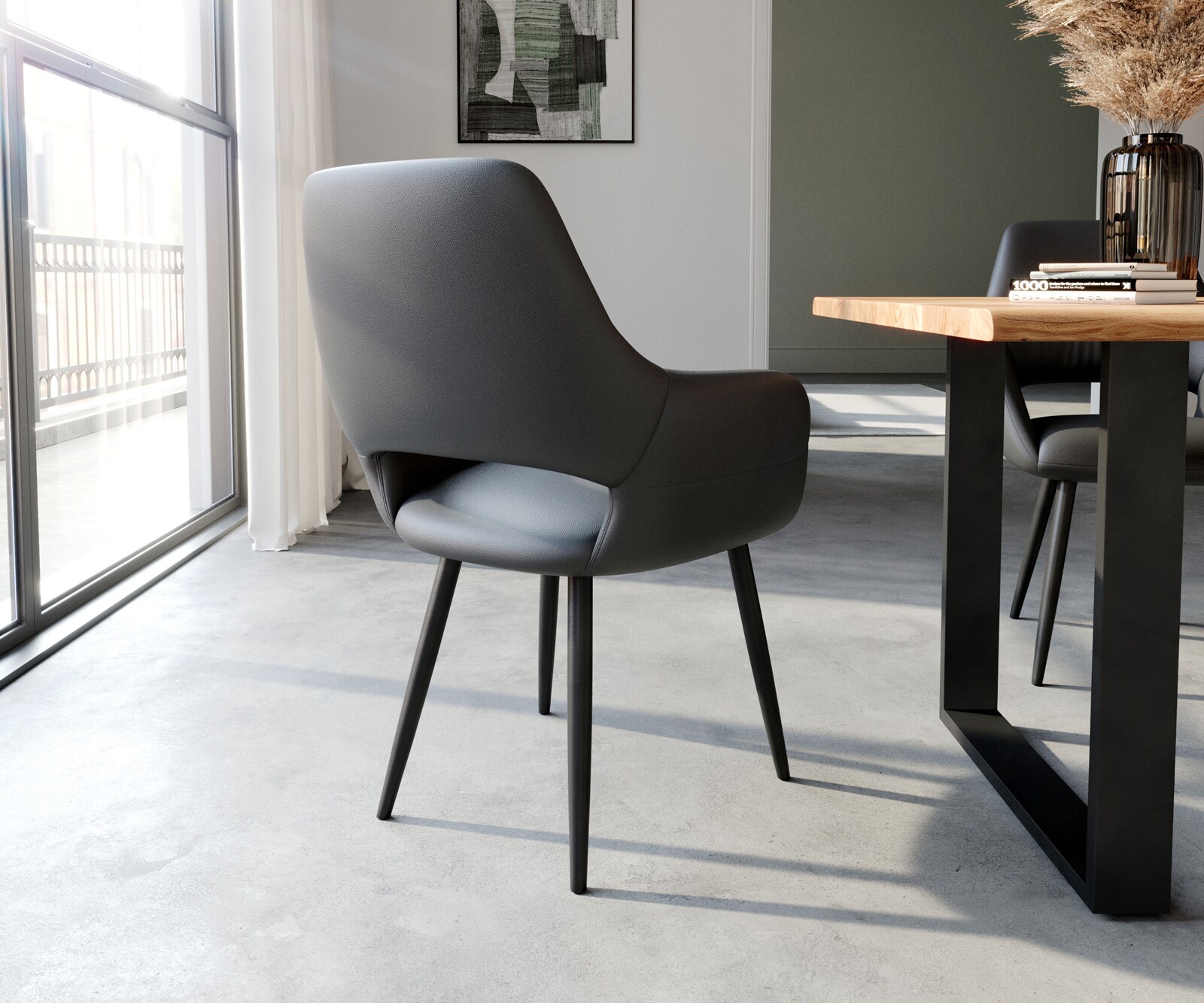 Chaise-de-salle-à-manger Yago-Flex avec accoudoirs cuir de vache noir 4 pieds coniques noir ressorts ensachés 4 Chaise-de-salle-à-manger Yago-Flex avec accoudoirs cuir de vache noir 4 pieds coniques noir ressorts ensachés 4