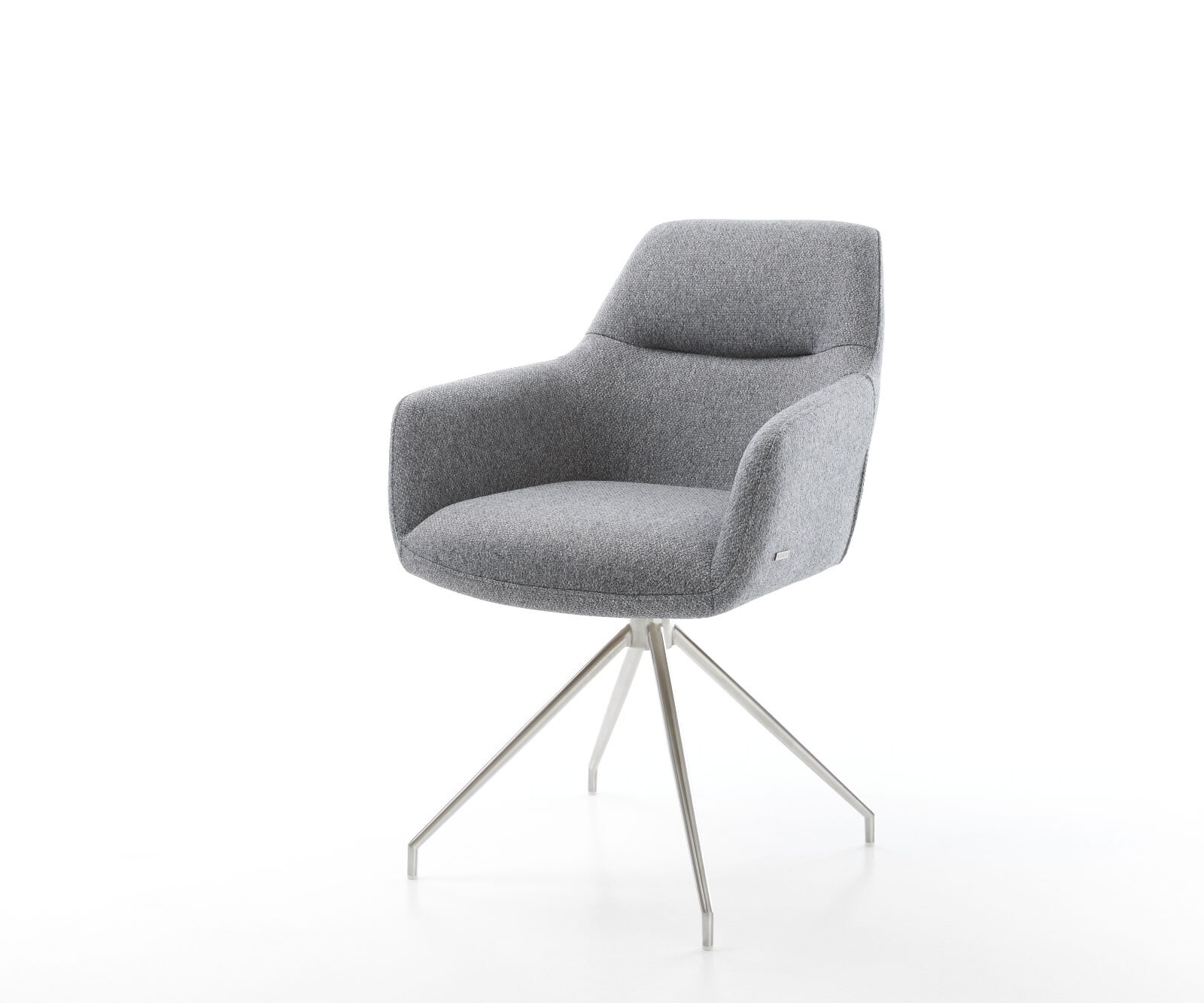 Chaise-de-salle-à-manger Pejo-Flex tissu texturé gris clair pied croisé conique acier inoxydable brossé ressorts ensachés