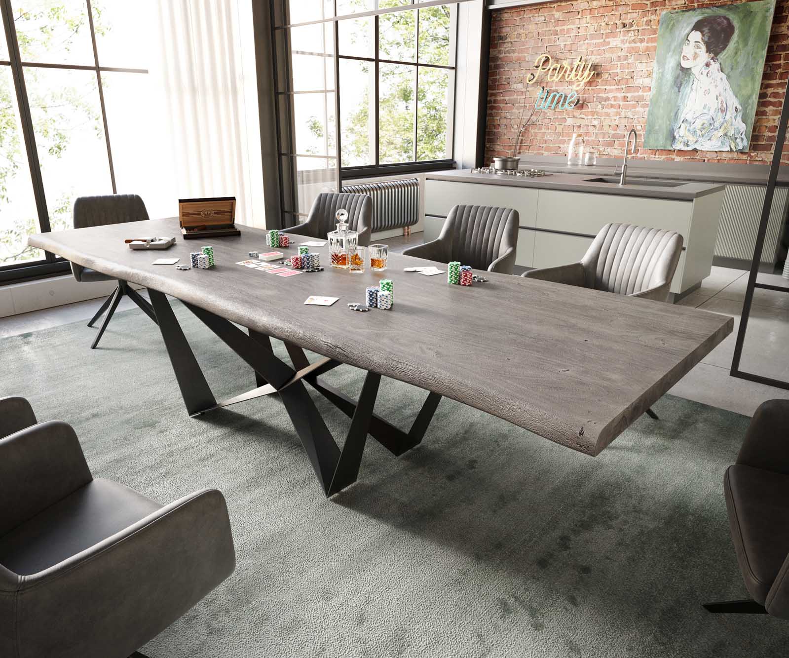 Table à manger Edge 300x100 XL acacia platine Spider acier plat noir Live-Edge 1