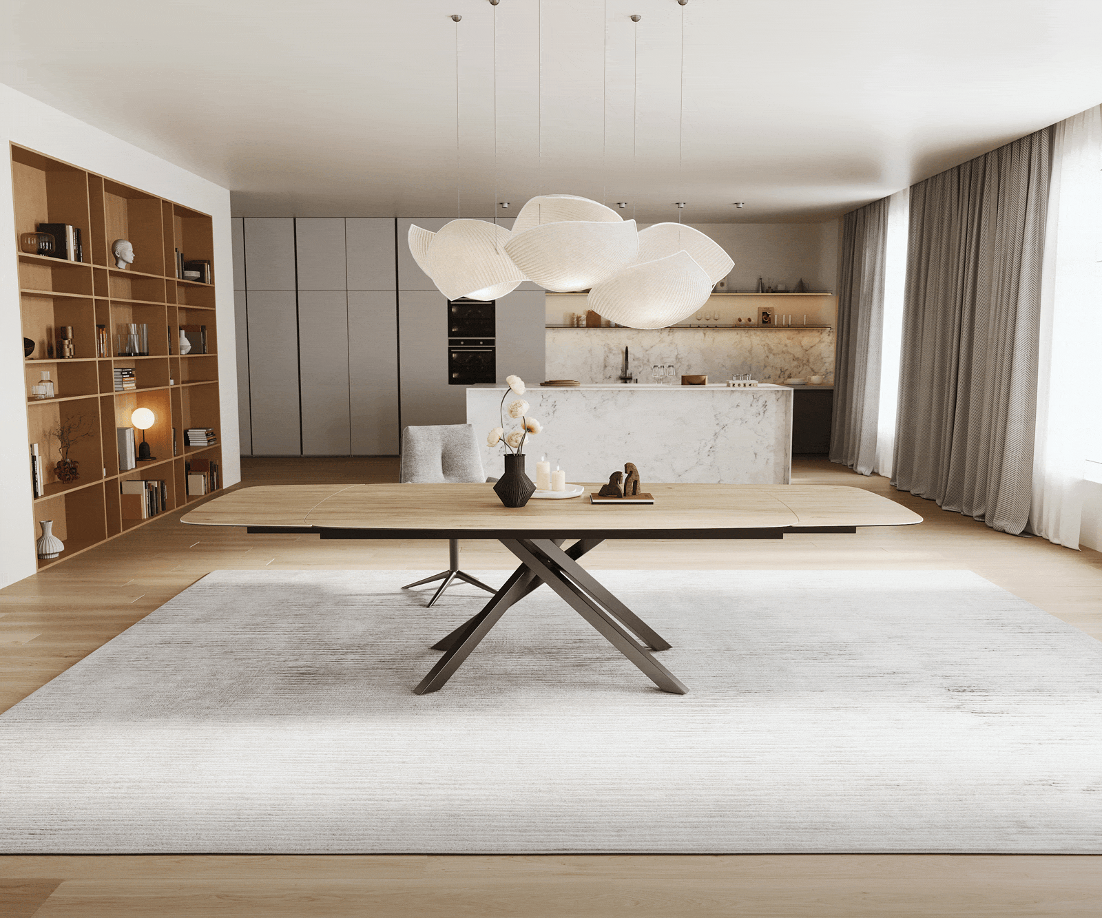 Table à manger Edge Boot 200-300x120 cm Céramique Laminam® Sabbia Eichefarbig piètement en croix Rectangle Acier inoxydable Graphite extensible 2