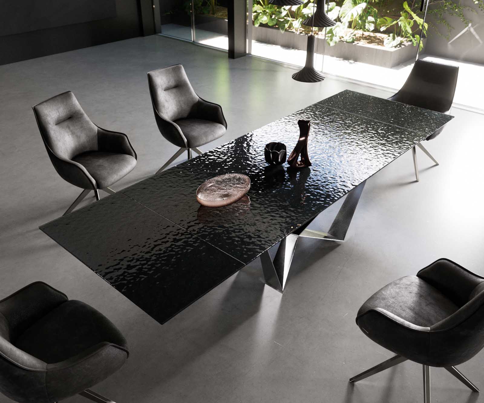 Table à manger Edge 200-300x100 verre fondu noir fumé relief en 3D Spider acier plat acier inoxydable extensible 3