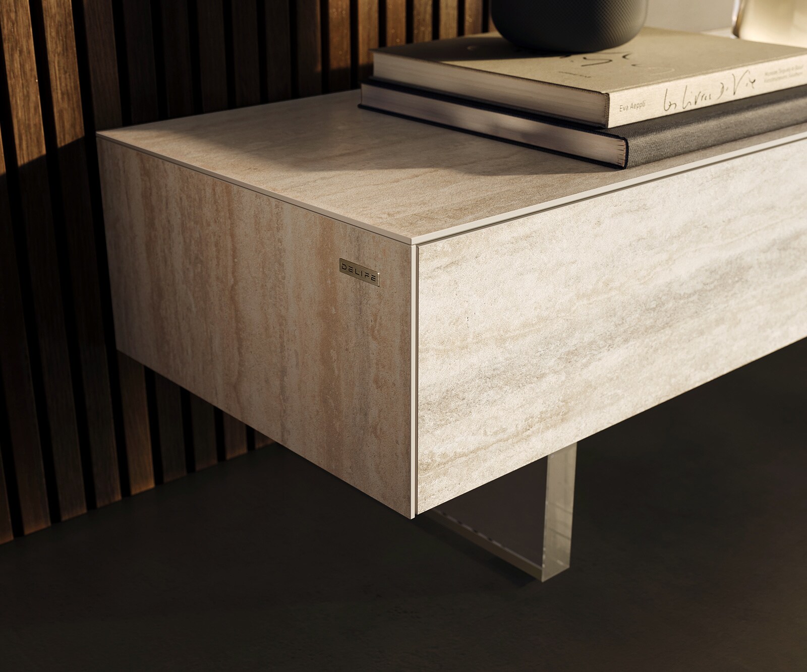Meuble-TV Cuor 250 cm Céramique Laminam® Travertino Bianco Crème-blanc 1 Clapet 1 Tiroir Pied optique flottant Verre acrylique 5