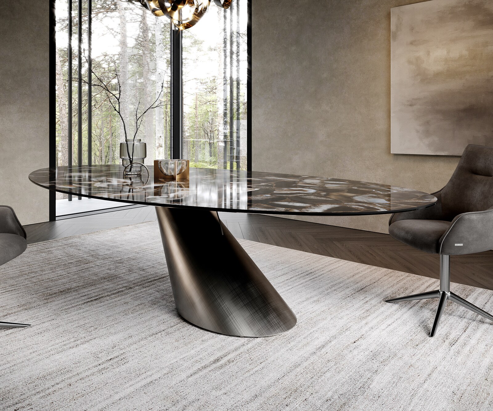 Table à manger Edge ovalee 280x130 céramique Iris FMG Agatablack Cono métallique argent 6