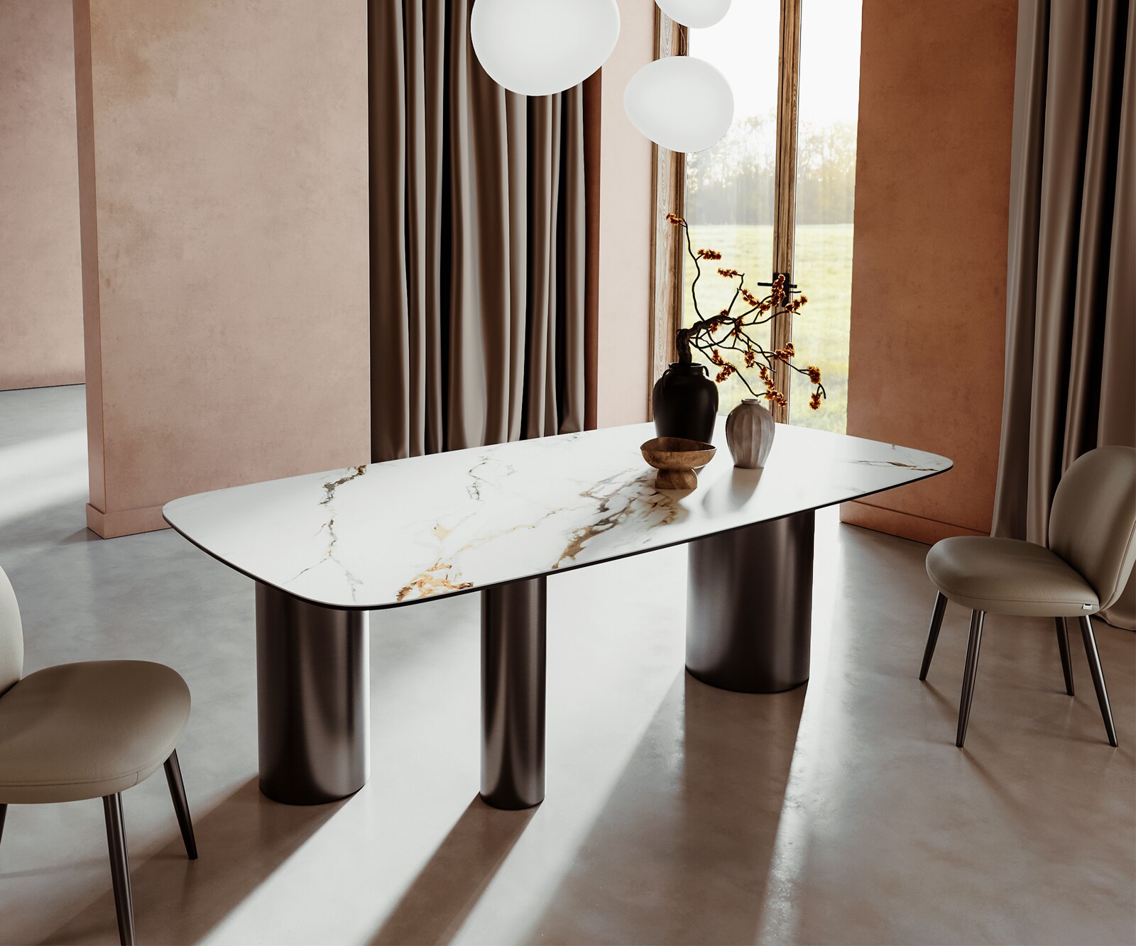Table à manger Edge Boot 240x120 Céramique Calacatta Luxe Blanc-Doré-Gris Troa Acier inoxydable Graphite 1