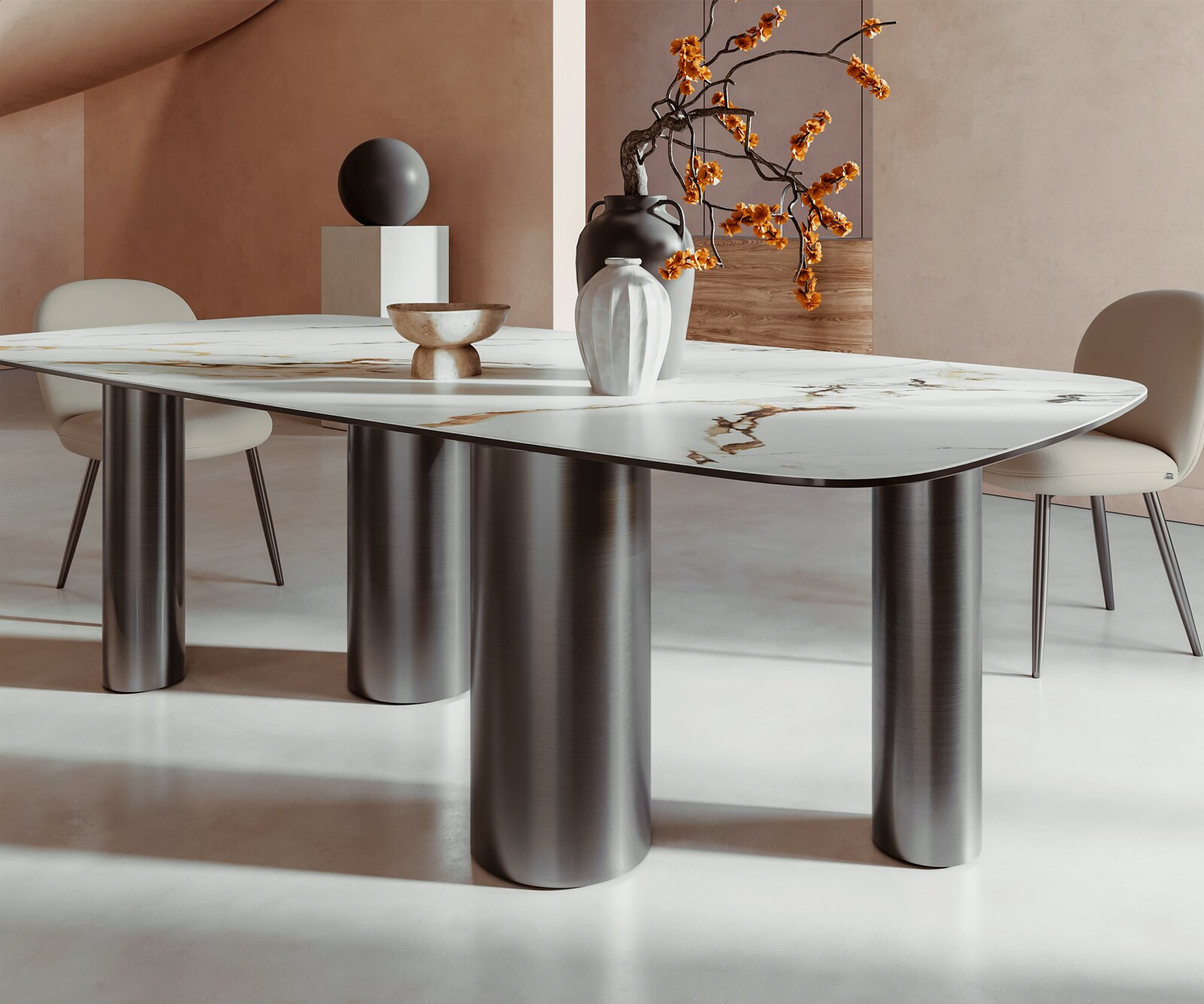 Table à manger Edge Boot 240x120 Céramique Calacatta Luxe Blanc-Doré-Gris Pilier Acier inoxydable Graphite 6