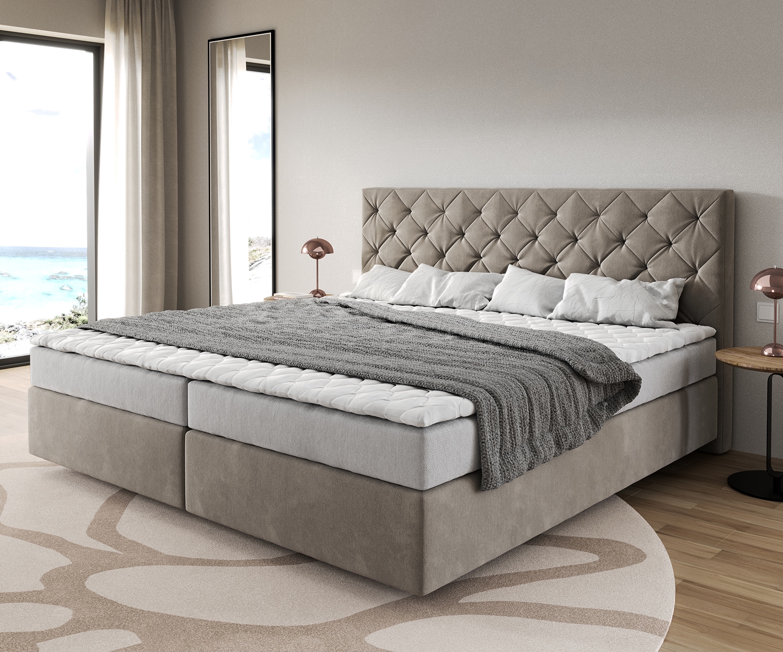 Lit-à-sommier-tapissier Dream-Great Microfibre Beige 200x200 cm Matelas Bonell Surmatelas PU 1